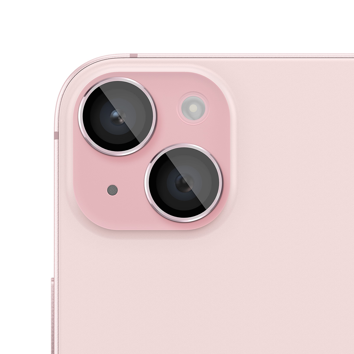 Parte trasera de un smartphone rosa con doble cámara y flash. Aislado.