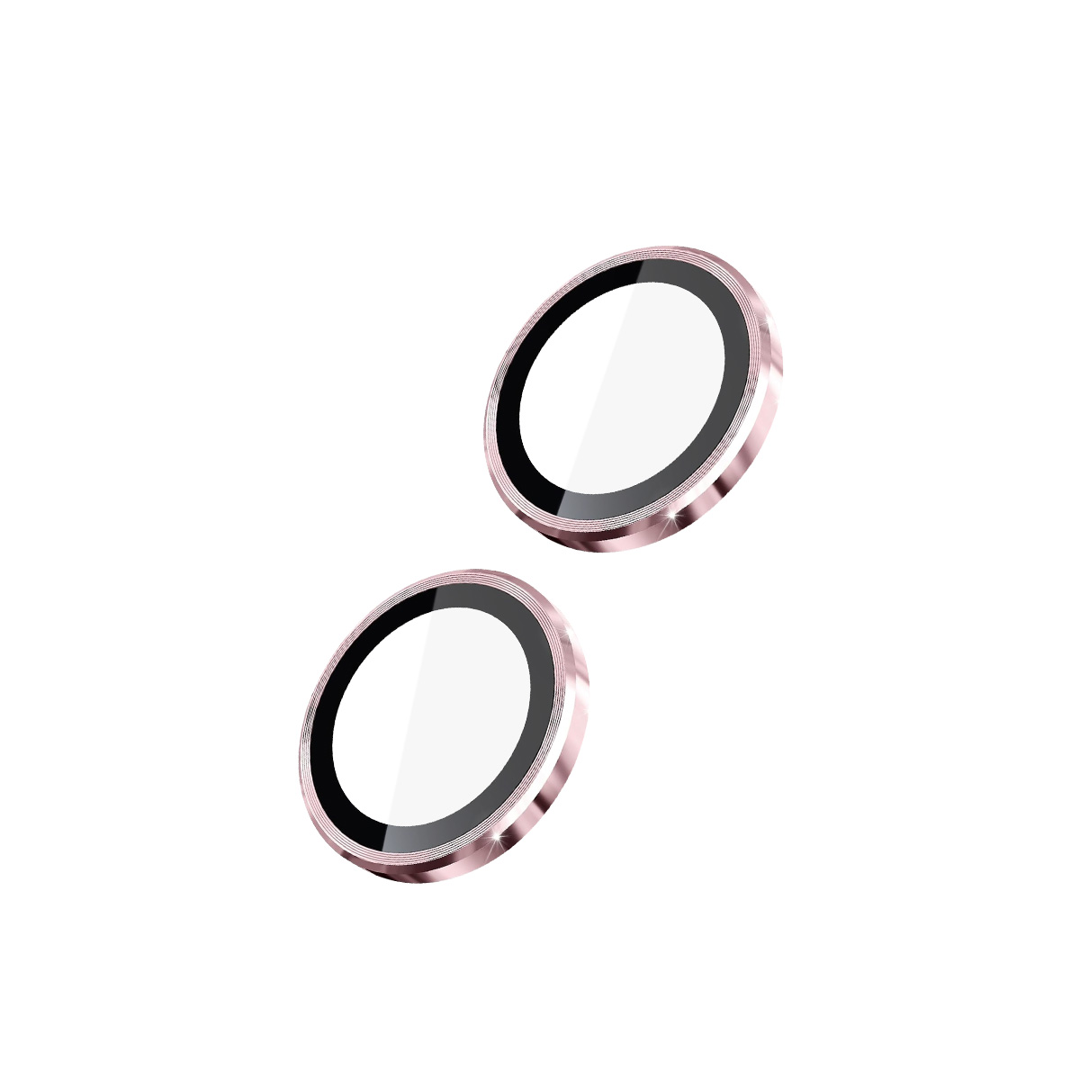 Dos protectores de lente de cámara oro rosa con cristal transparente y bordes negros.