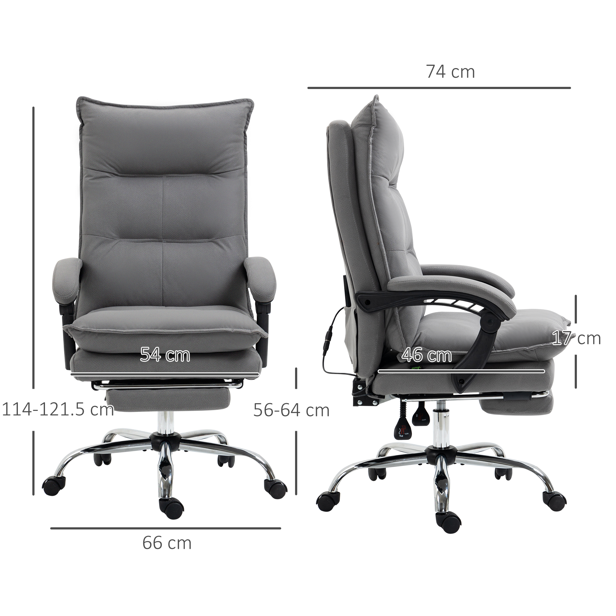 Sedia da ufficio grigia con dimensioni: altezza 114-121.5 cm, larghezza 66 cm.