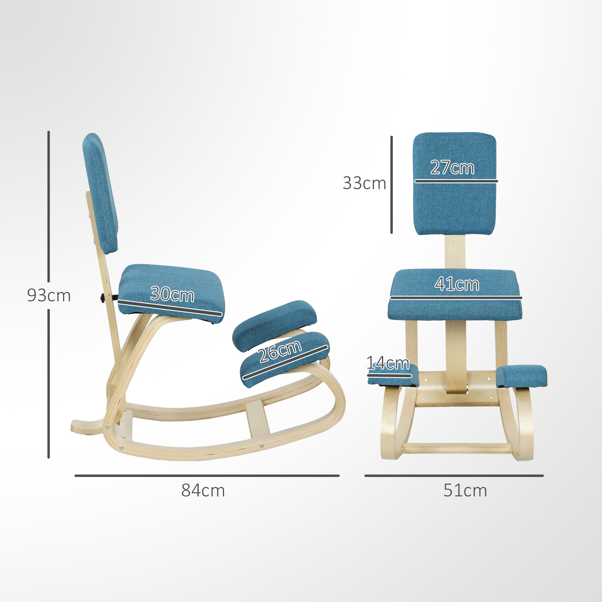 Una sedia blu inginocchiata con telaio in legno e dimensioni.
