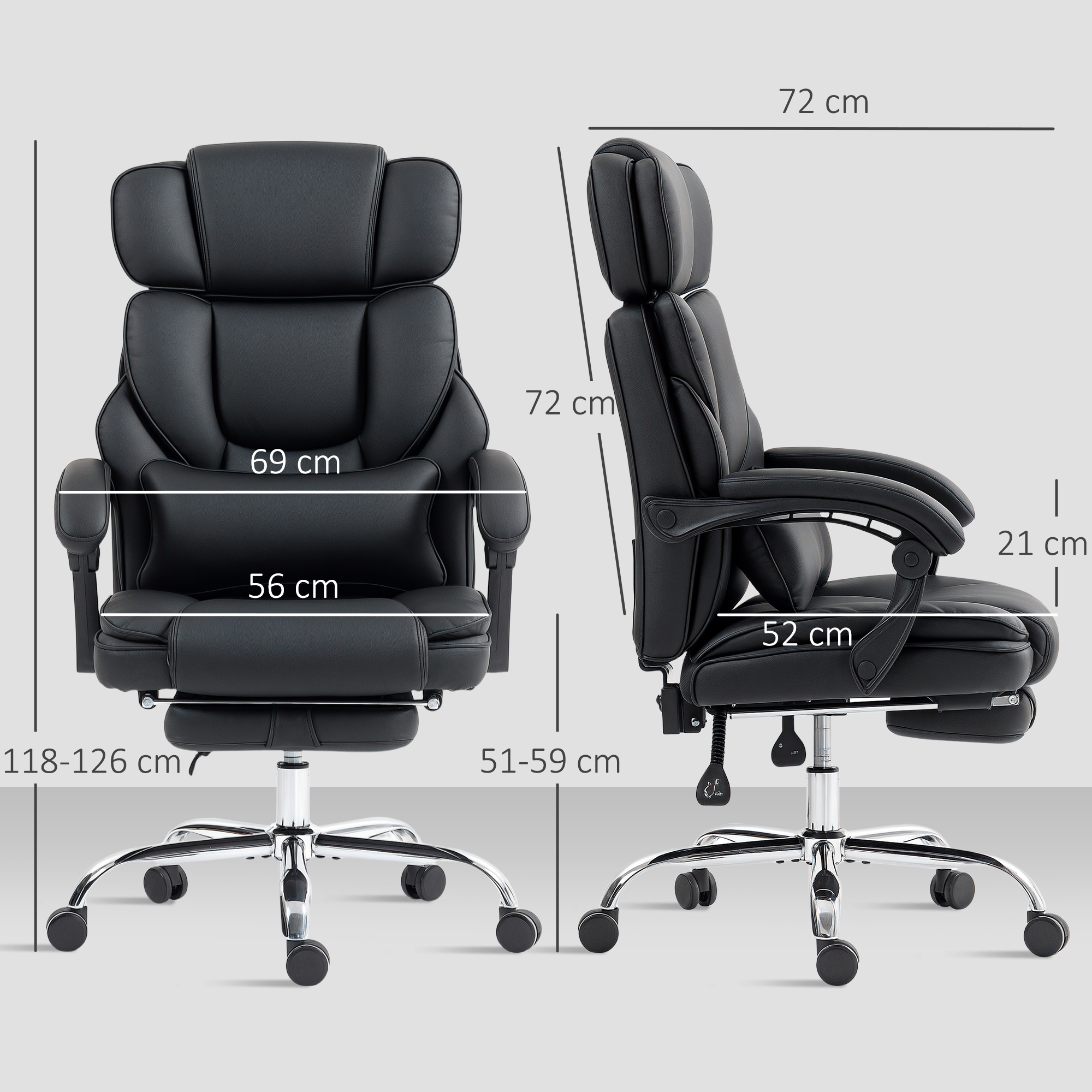 Sedia da ufficio nera con dimensioni: Altezza 118-126 cm, Larghezza 69 cm, Profondità 56 cm.