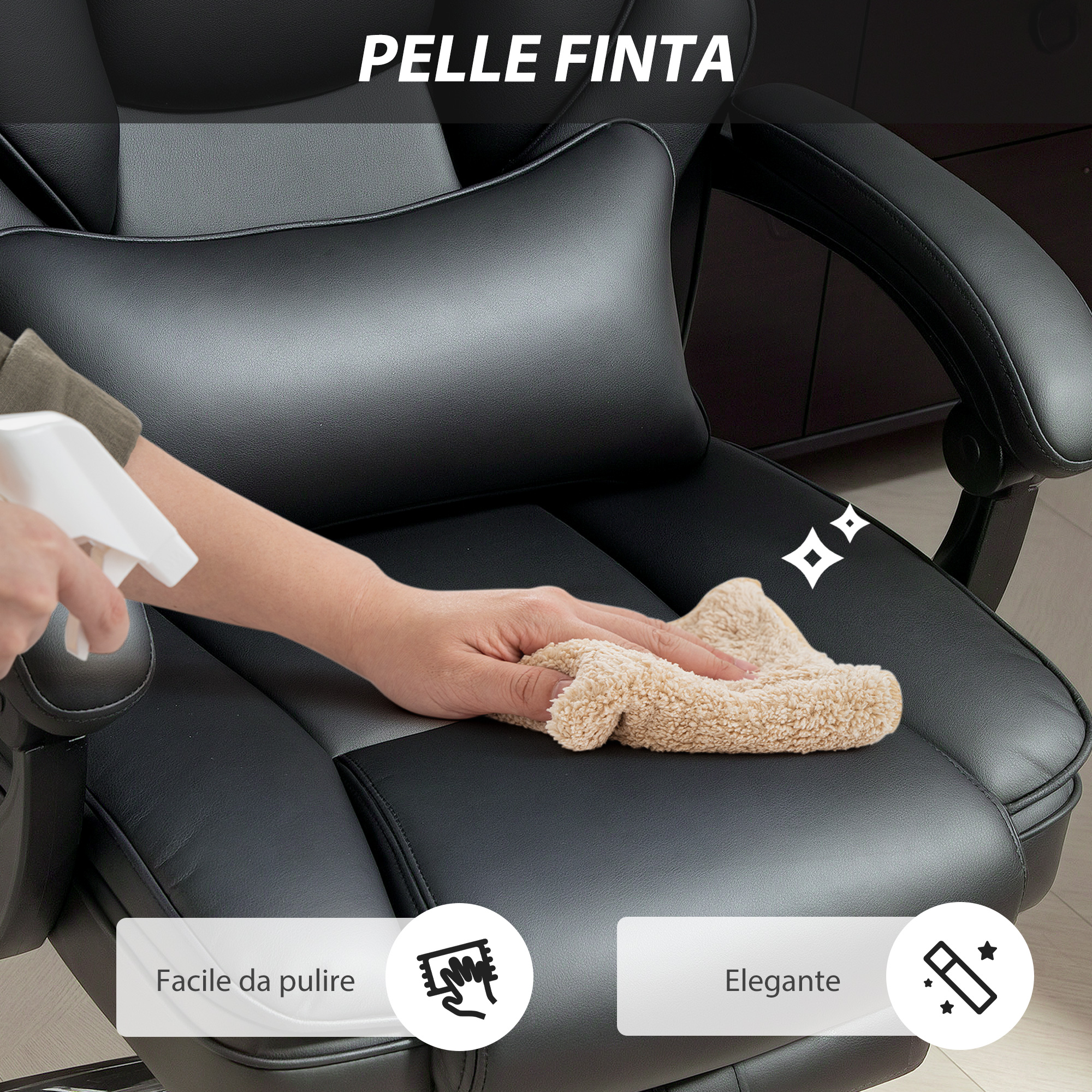 Mano pulisce poltrona ecopelle nera con panno e spruzzino.