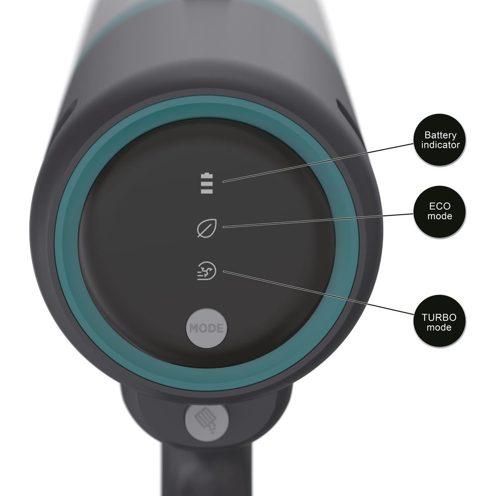Primo piano di un manico di aspirapolvere nero con anello turchese. Icone mostrano le modalità batteria, eco e turbo.