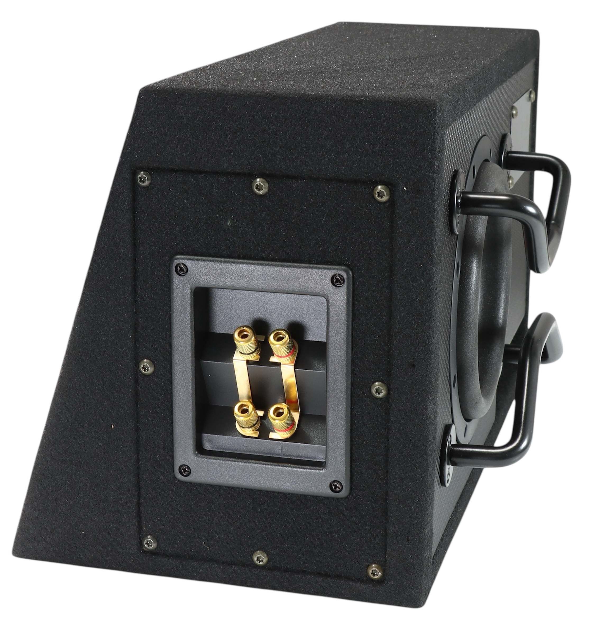 Schwarzer Stoff-Subwoofer mit goldenen Anschlussklemmen und schwarzen Griffen.