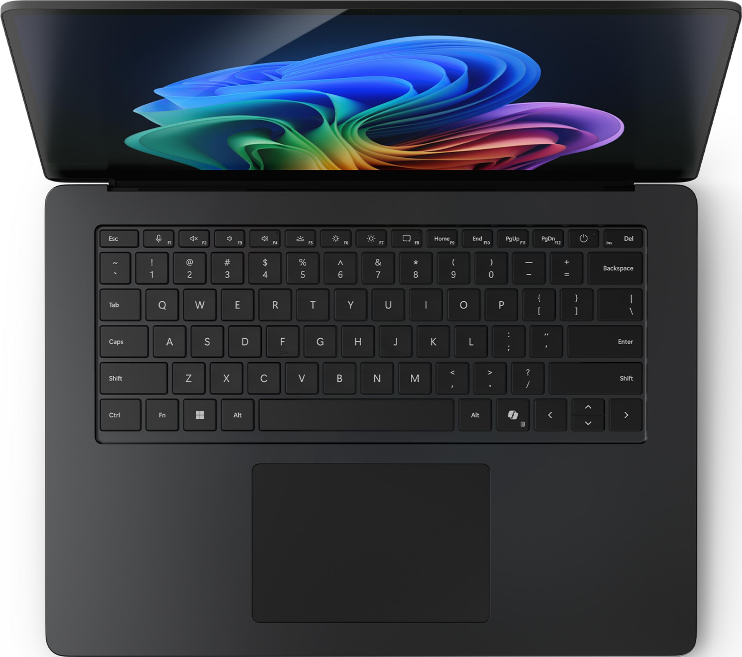 Schwarzer Laptop geöffnet, zeigt bunte abstrakte Tapete auf Bildschirm und Tastatur.