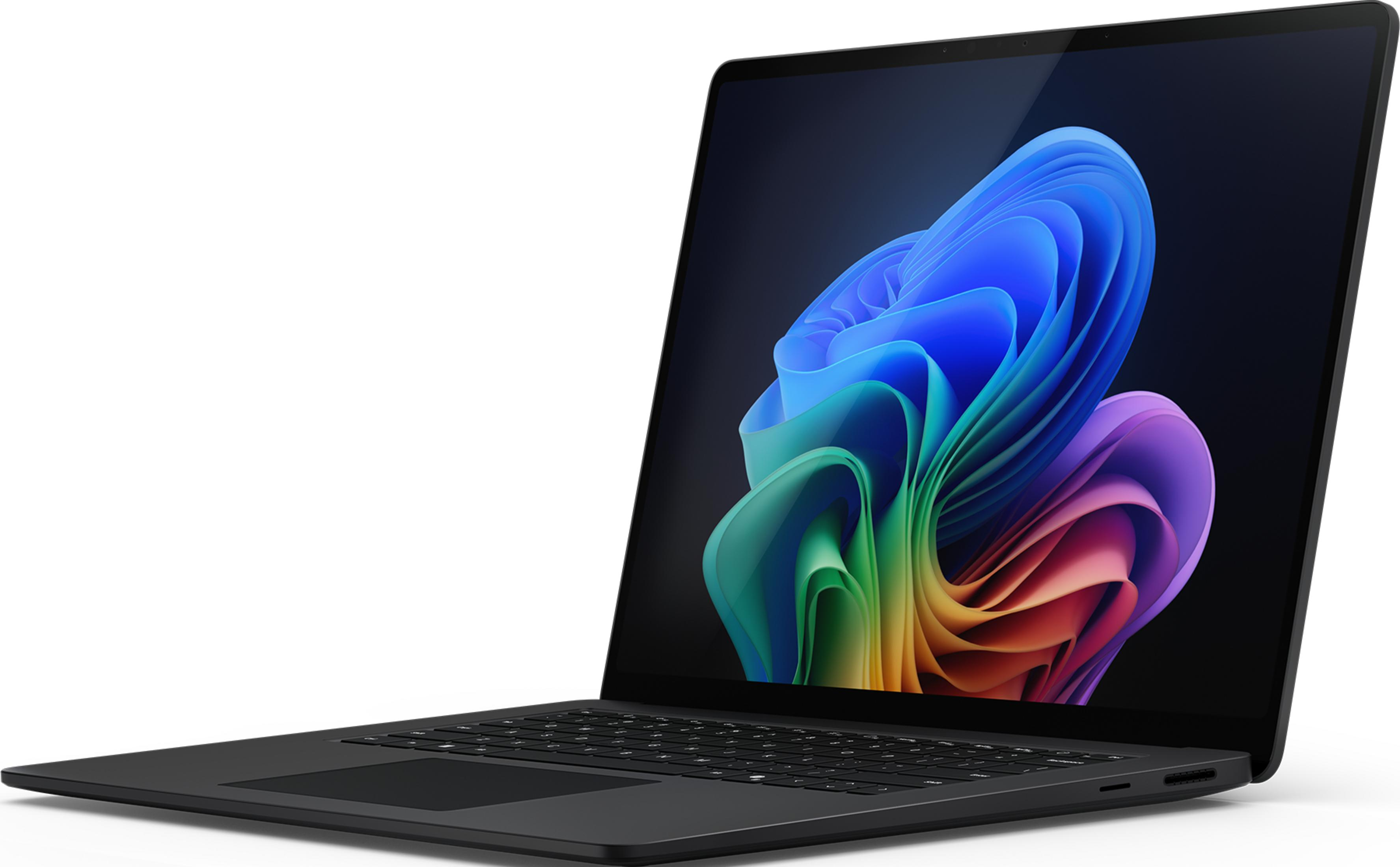 Ein schwarzer Laptop mit einem bunten, abstrakten Hintergrundbild auf dem Bildschirm.