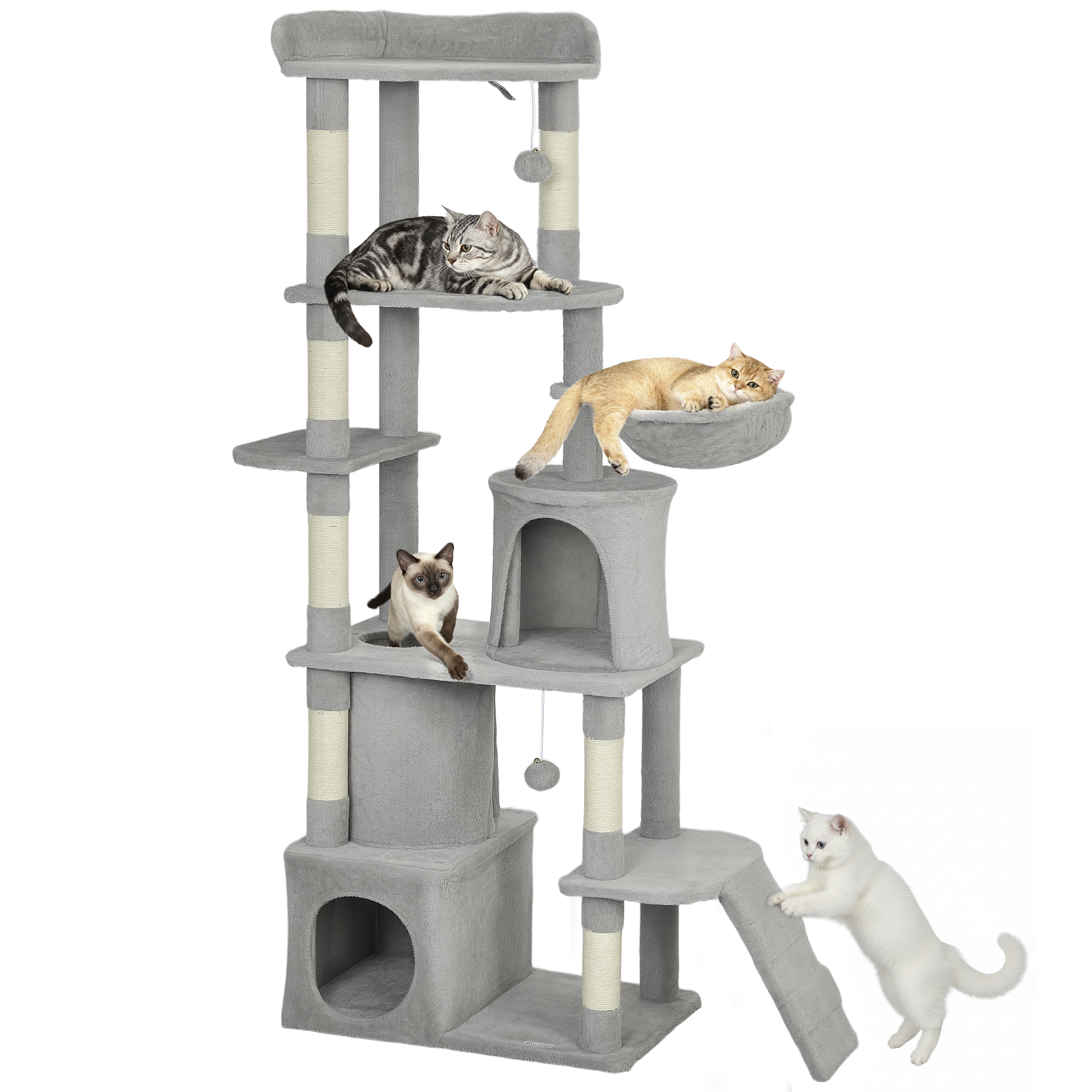 Albero tiragraffi grigio con quattro gatti: uno tigrato, uno dorato, uno siamese e uno bianco.
