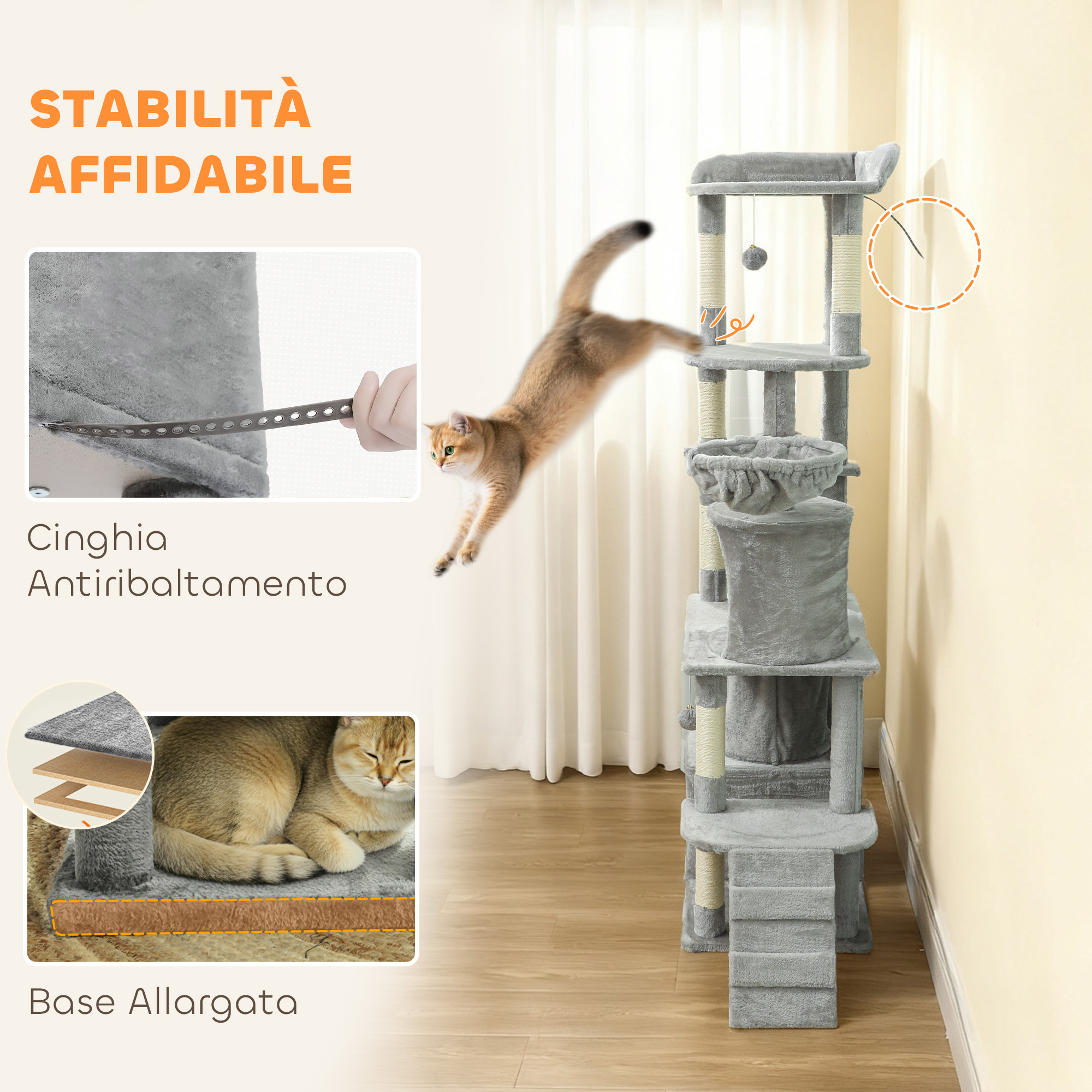 Un gatto dorato salta su un tiragraffi grigio a più livelli.