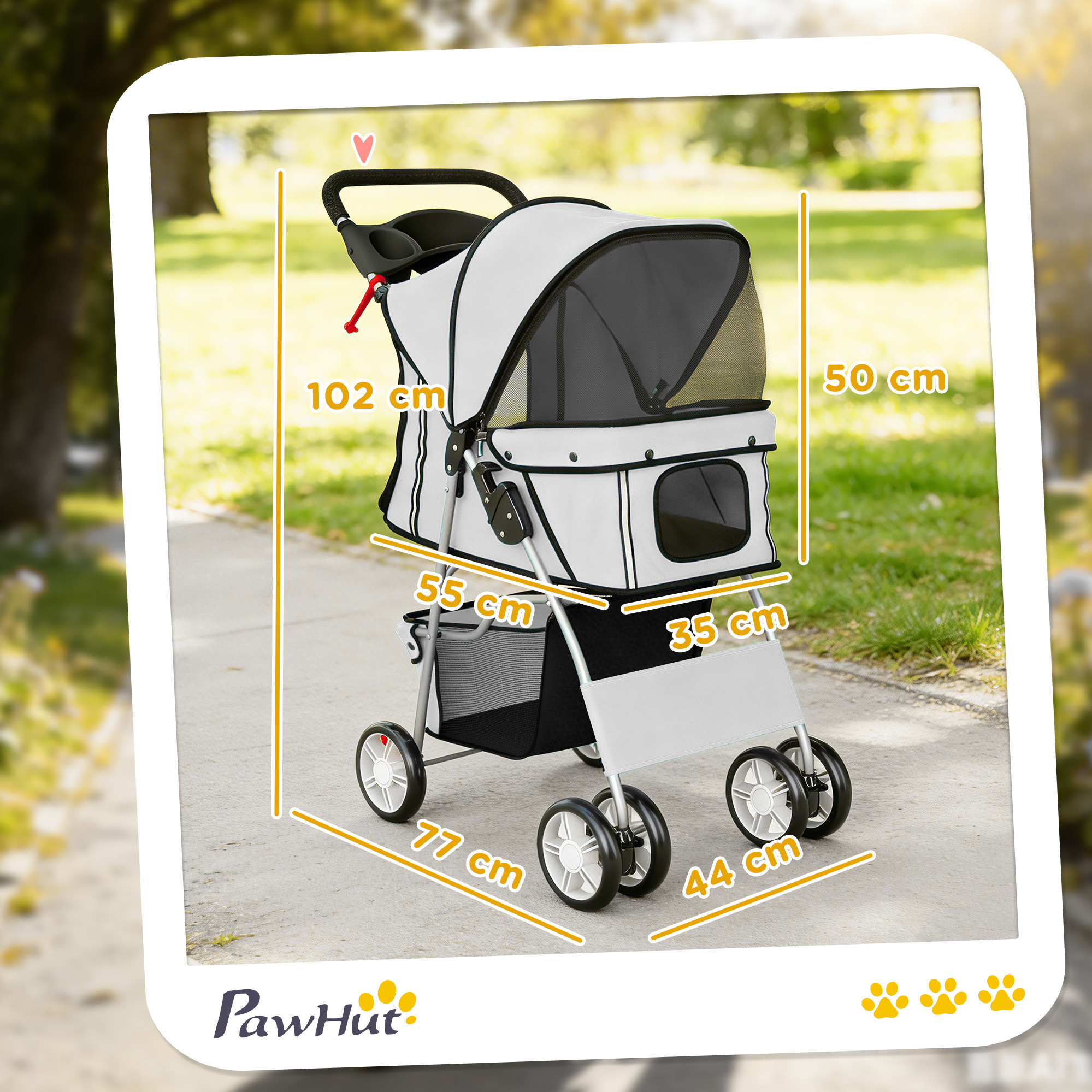 Un passeggino bianco per cani di 102x50x35 cm si trova su un marciapiede.