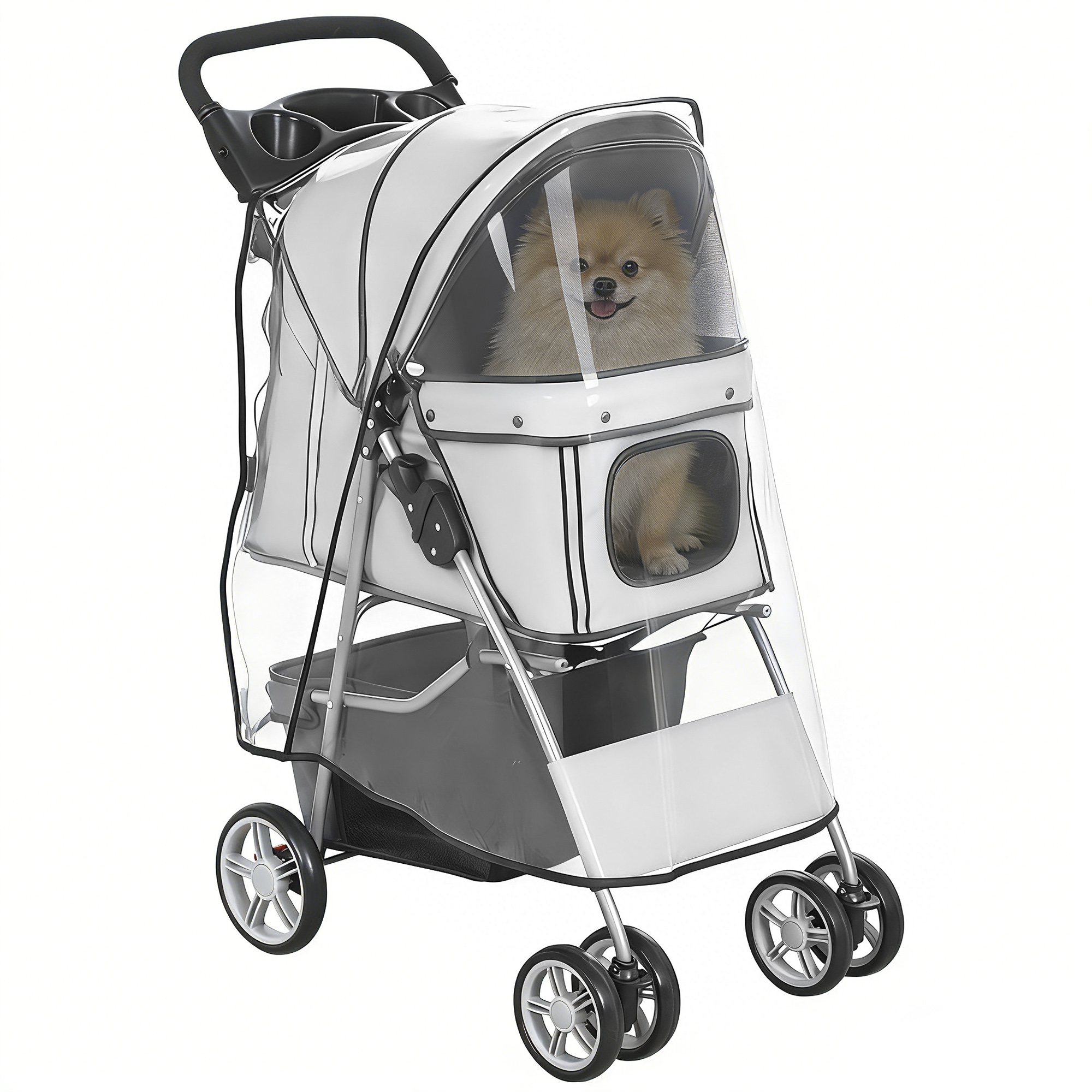 Un cane Pomerania seduto in un passeggino bianco per animali con capote trasparente.