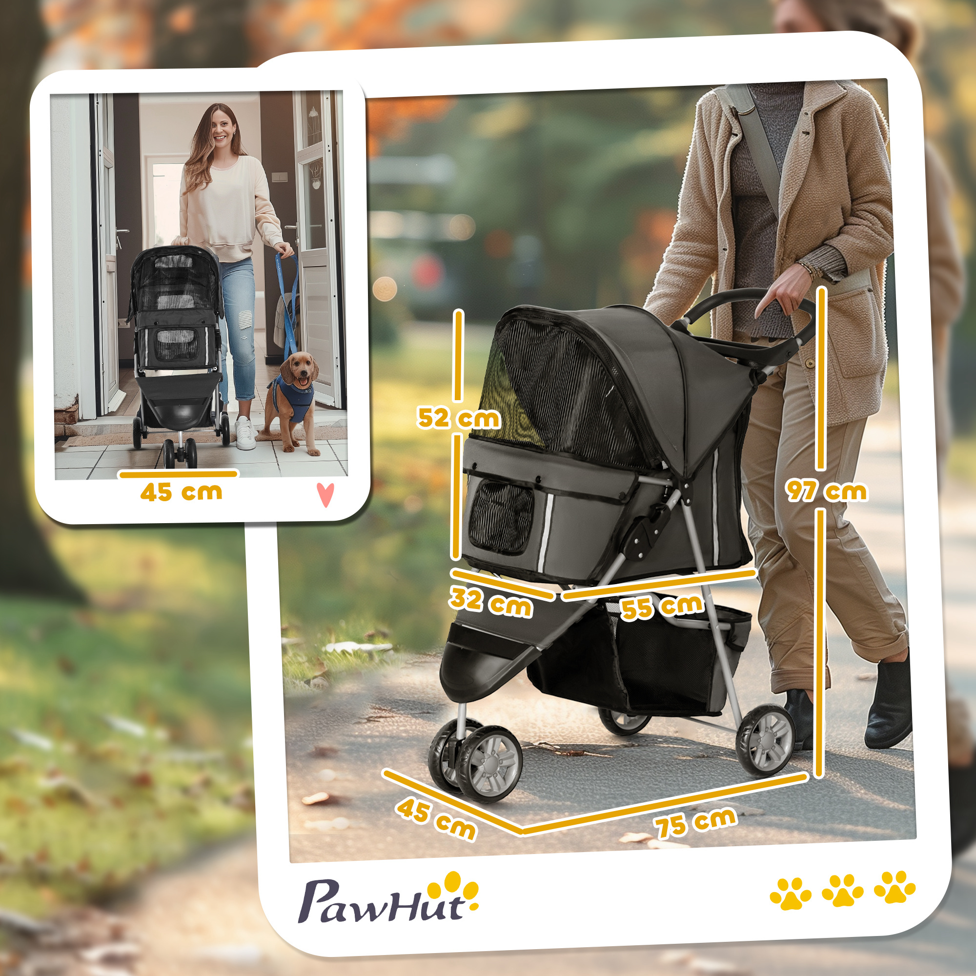 Carrellino per cani con dimensioni: 45cm largh., 52cm alt., 32cm prof., 55cm lungh., 75cm tot.