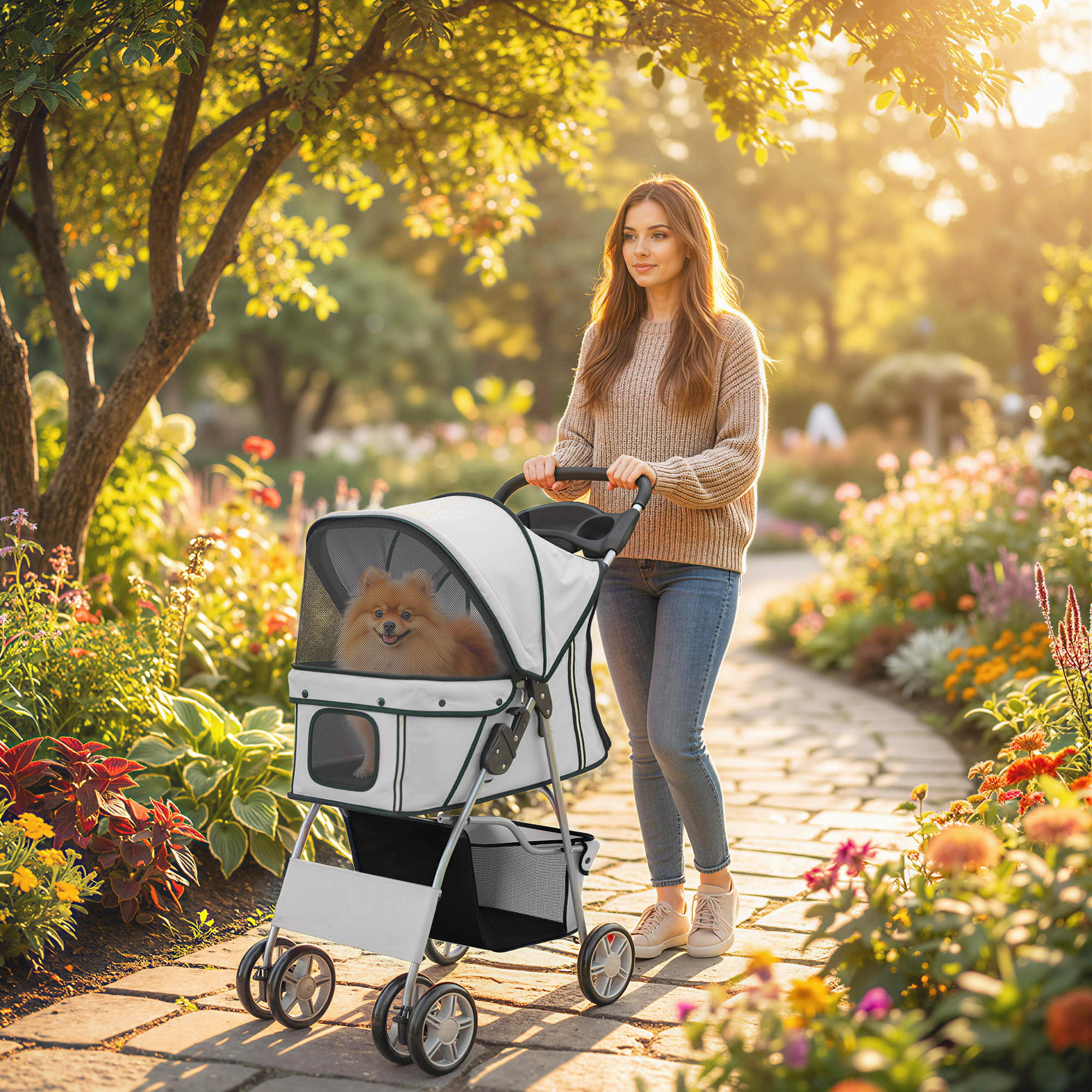 Donna spinge un passeggino con un cane di razza Pomerania in un giardino soleggiato.