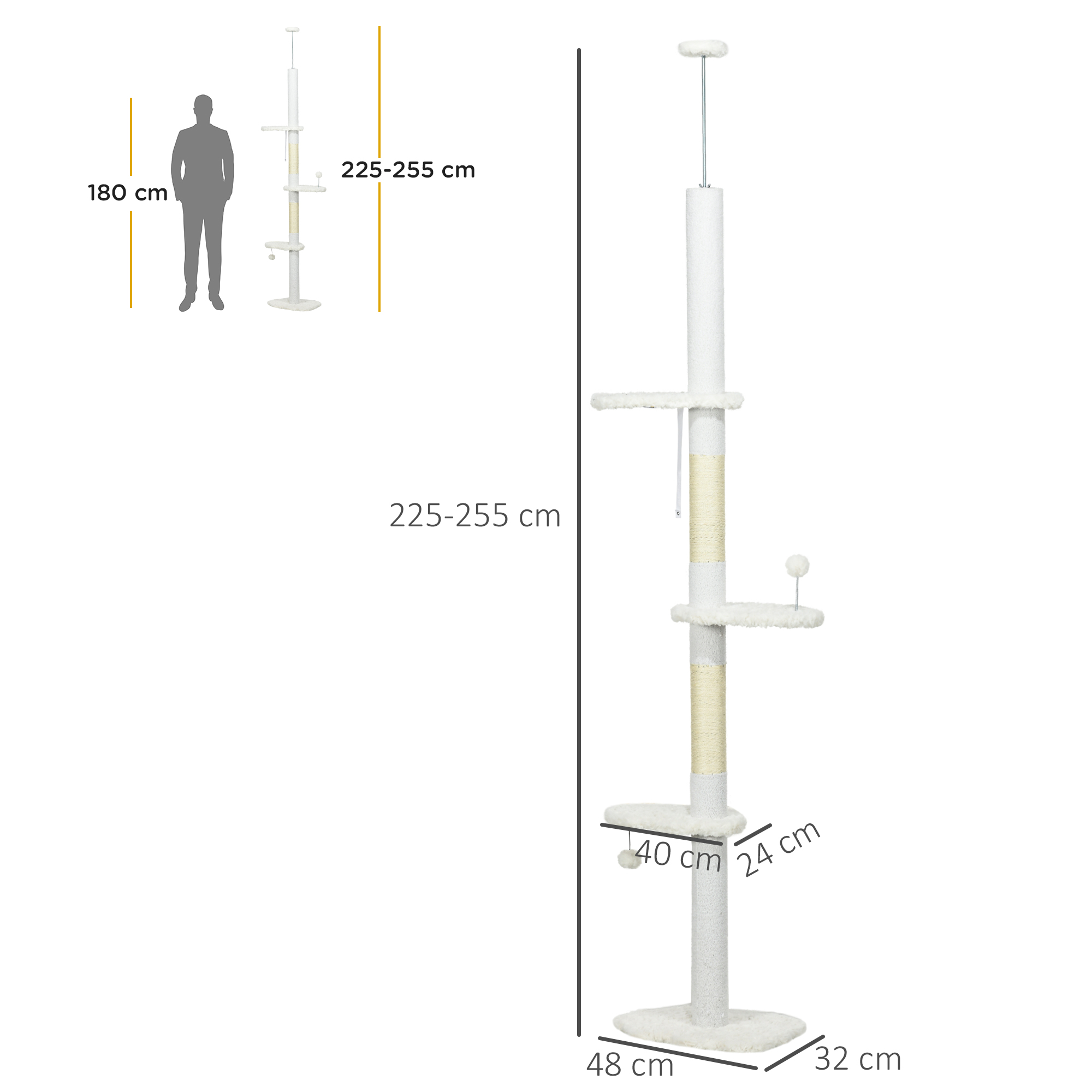 Un tiragraffi bianco a più livelli è mostrato accanto a una silhouette umana alta 180 cm.