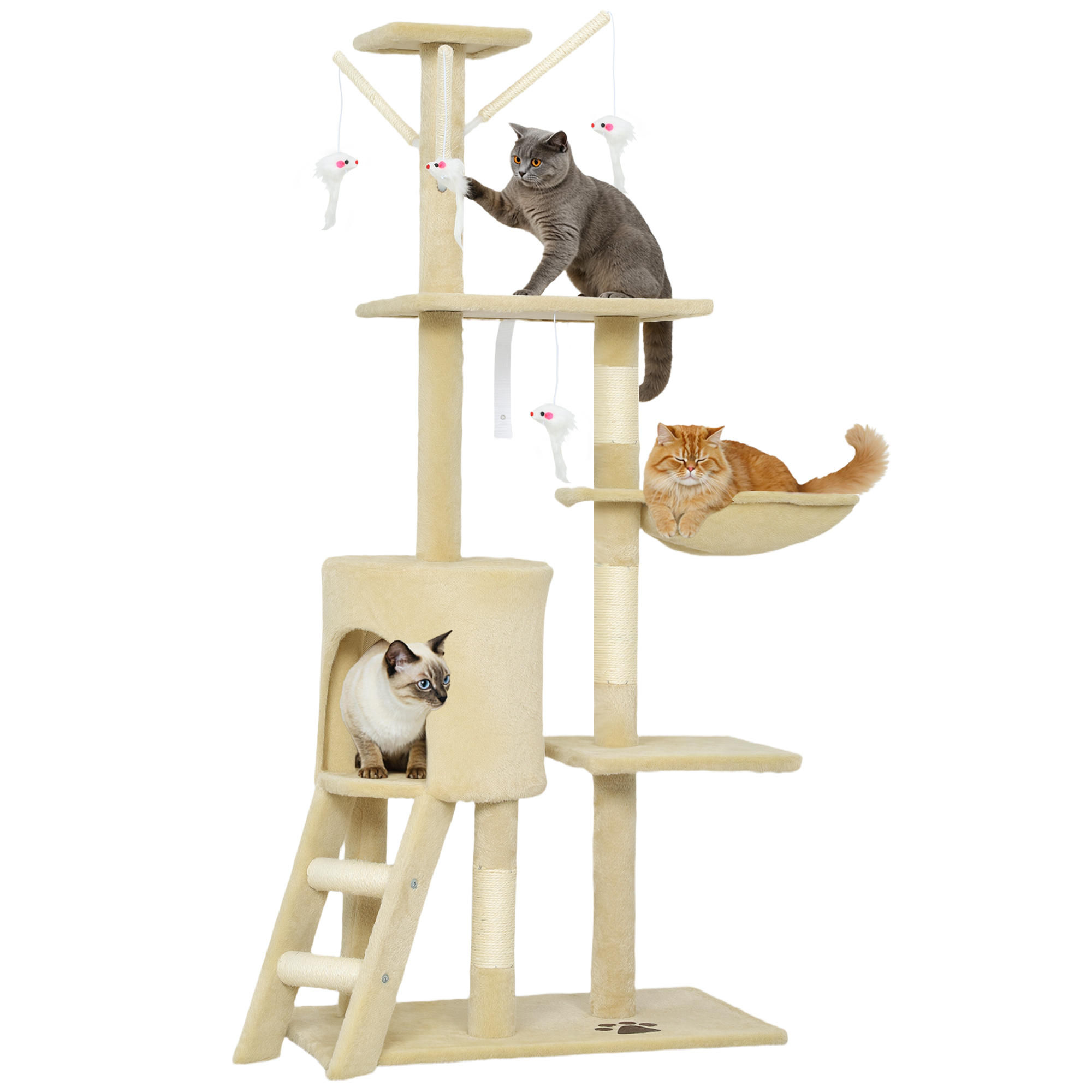Tiragraffi beige con tre gatti: uno grigio gioca, uno arancione riposa, un Siamese sbircia da una cuccia.