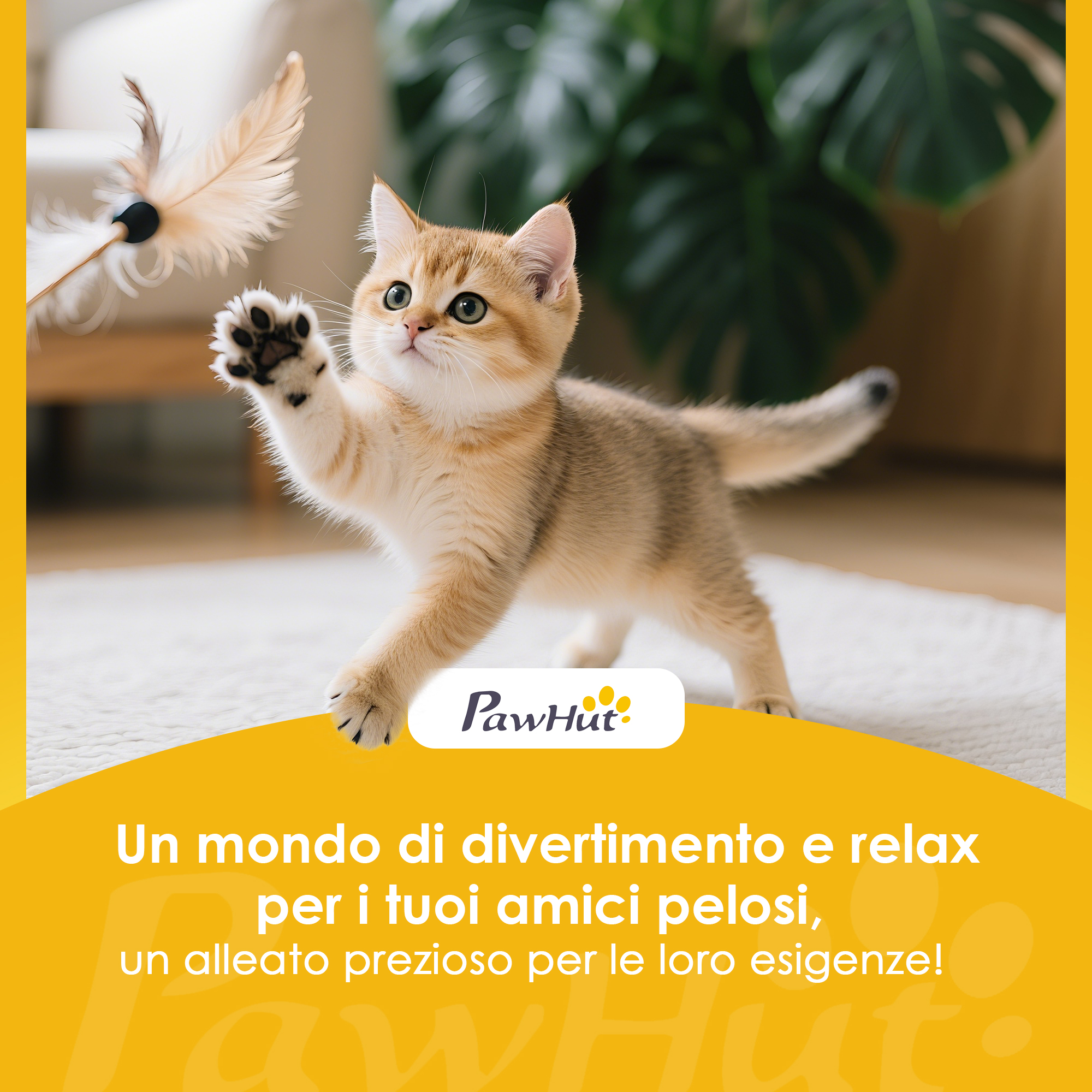 Un gattino tigrato dorato gioca con un giocattolo di piume su un tappeto chiaro.