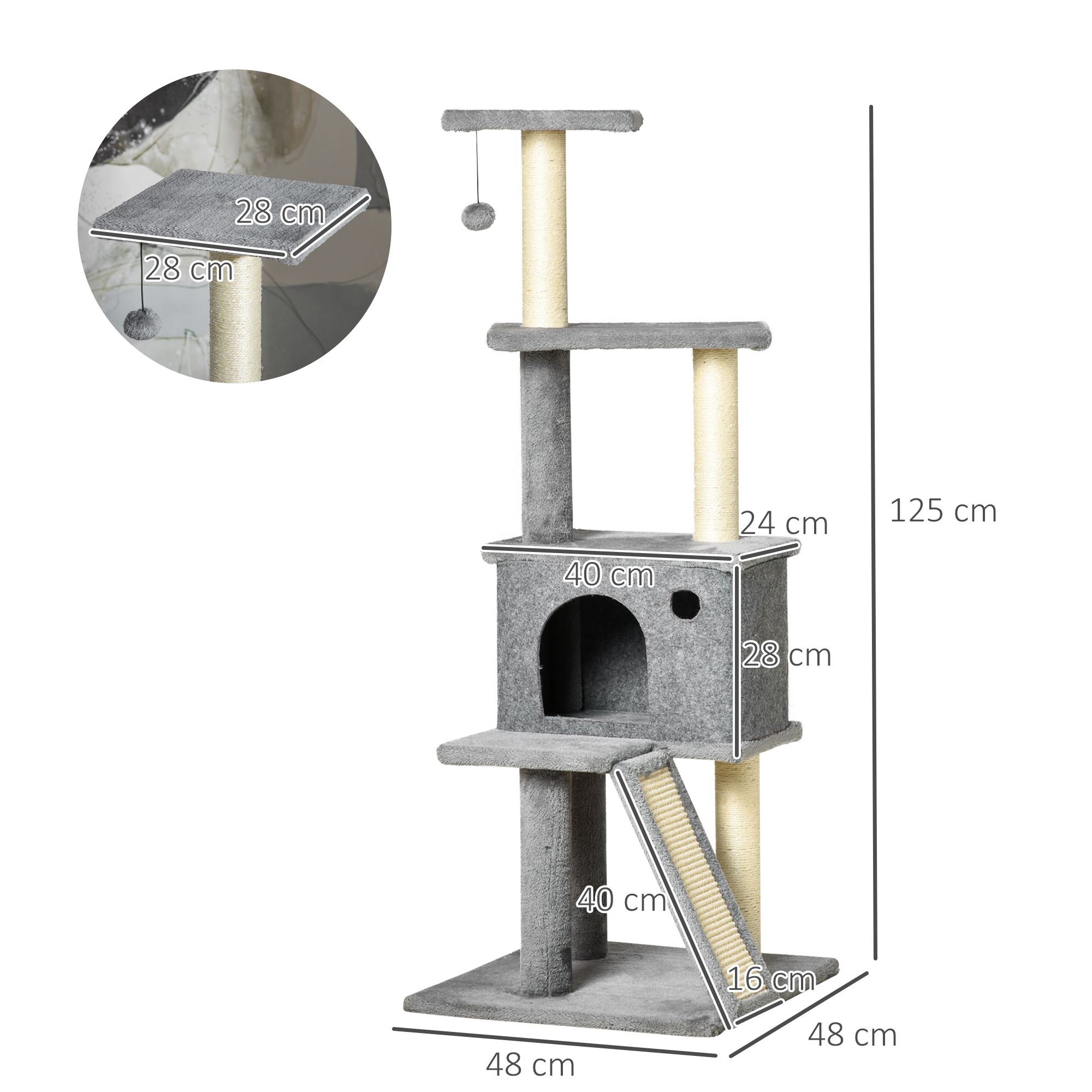 Tiragraffi grigio con piattaforme, gioco appeso e rampa. Alto 125 cm.