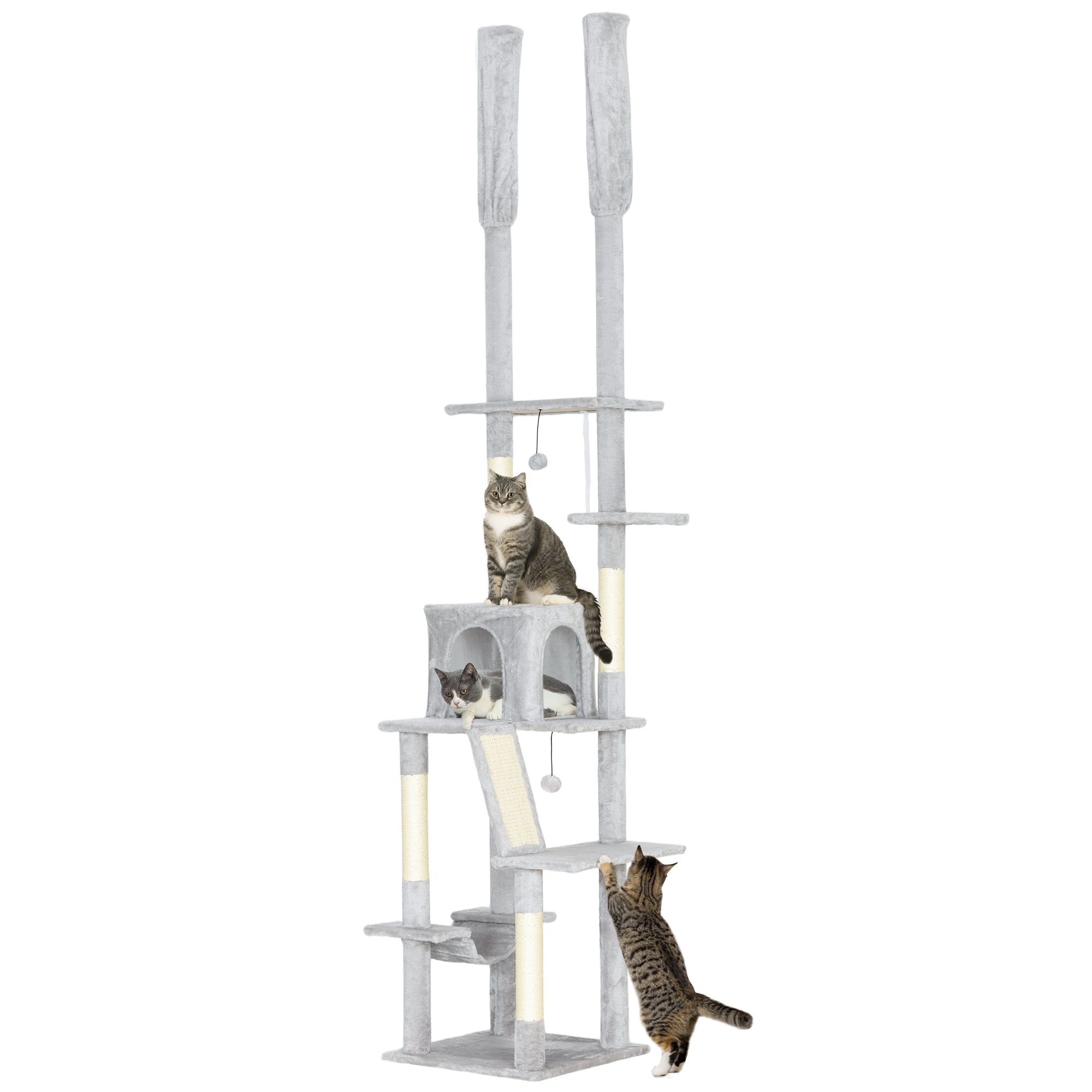 Tiragraffi grigio con tre gatti; uno arrampica, uno seduto, uno riposa.
