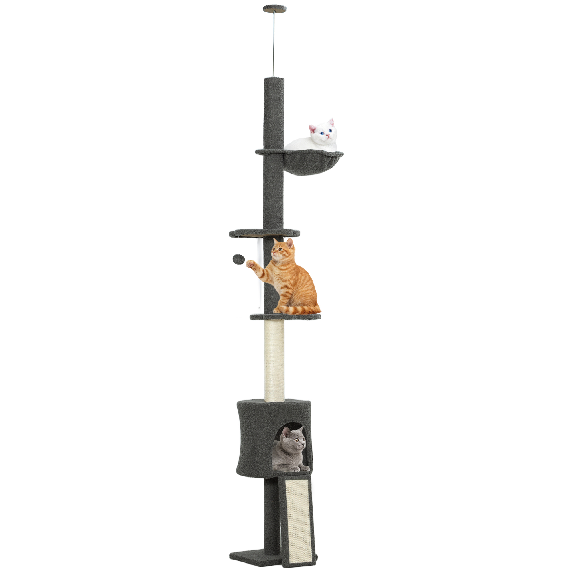 Albero tiragraffi a tre livelli con gatto bianco in cima, gatto arancione al centro e gatto grigio in basso.