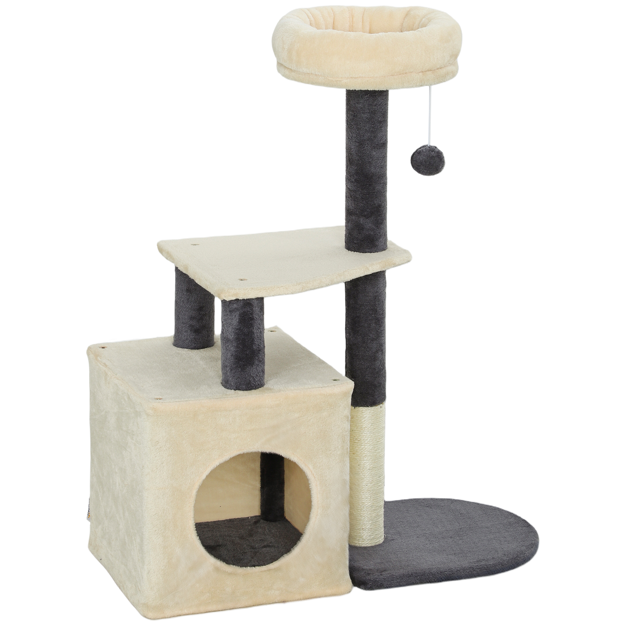 Un tiragraffi beige e grigio con gioco appeso e cuccia a cubo.