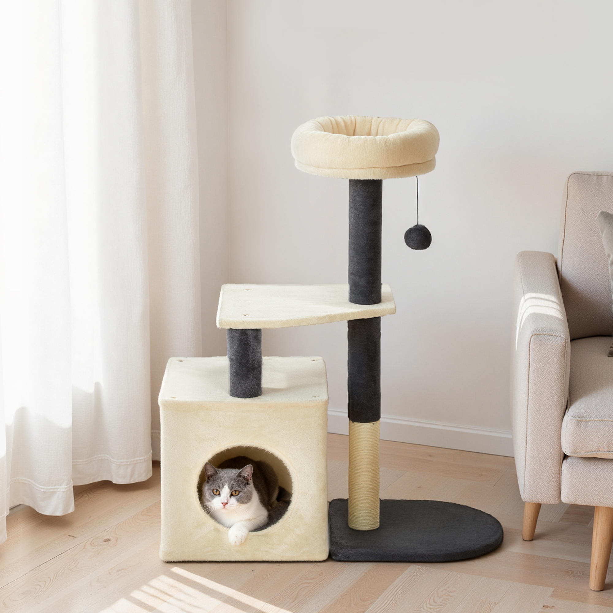 Gatto grigio e bianco seduto in una cuccia cubica beige su un tiragraffi.
