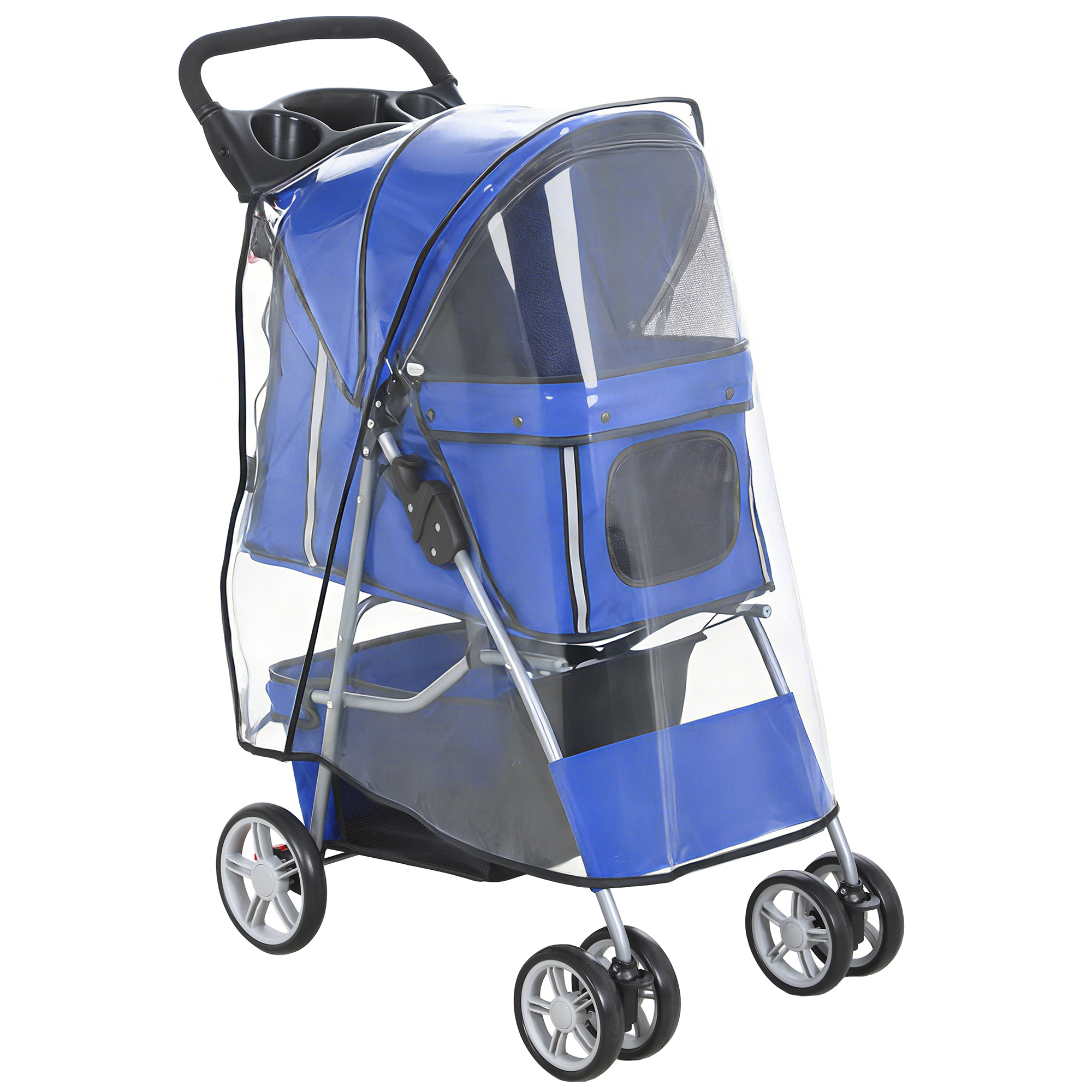 Carrozzina blu per animali con copertura trasparente, quattro ruote e manico.