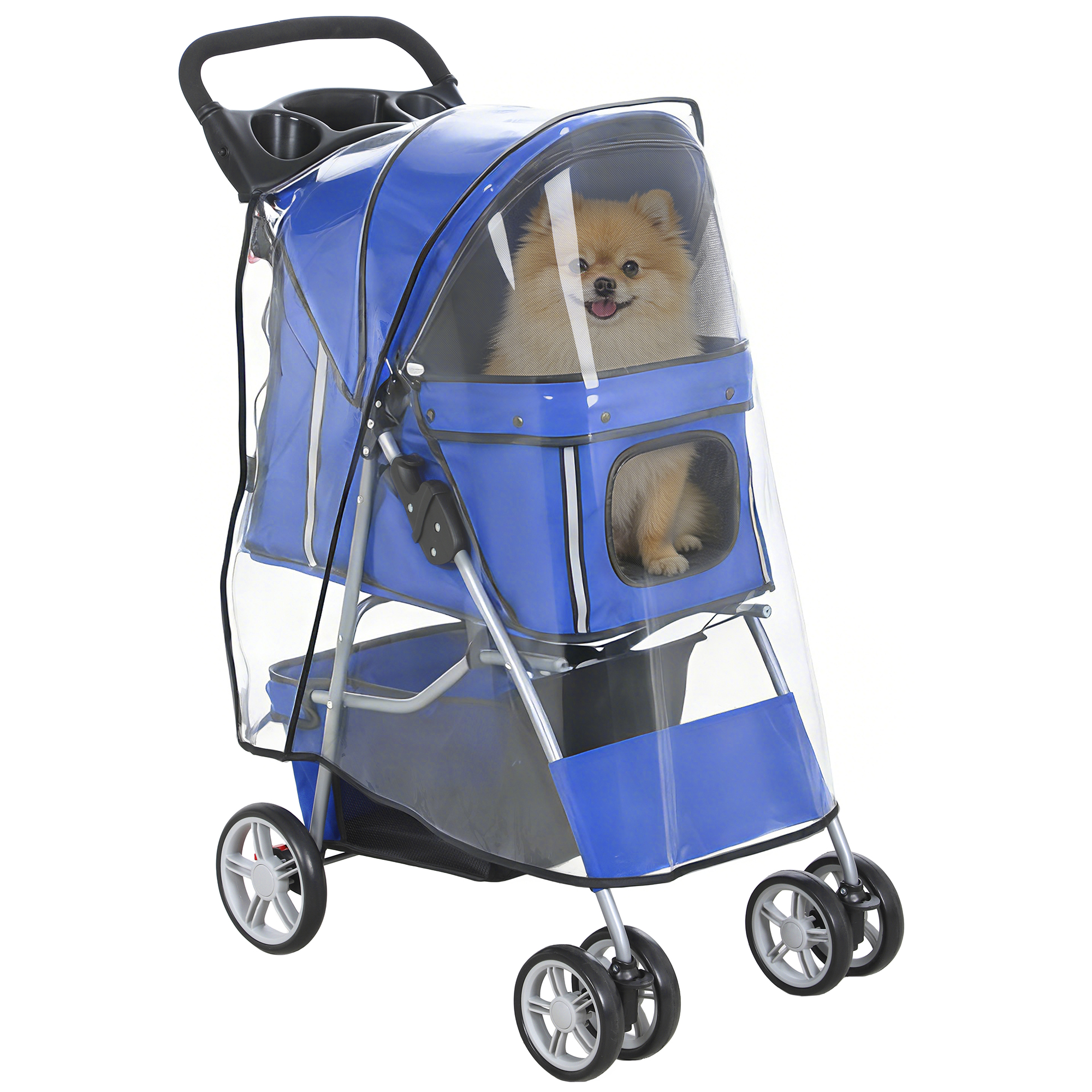 Un Pomerania seduto in un passeggino blu per cani con copertura trasparente.