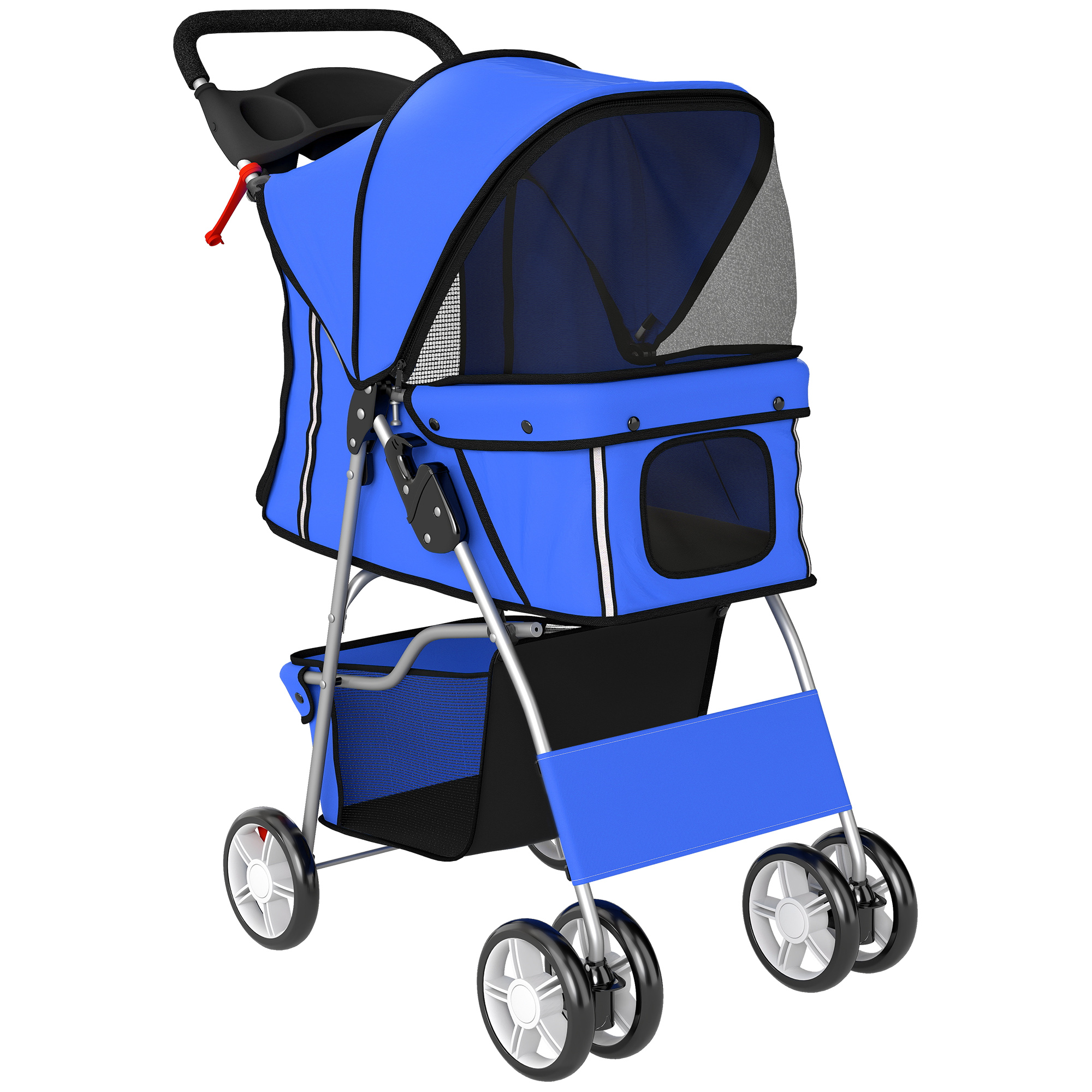 Un passeggino blu per animali domestici con finestre in rete e un cesto sottostante.