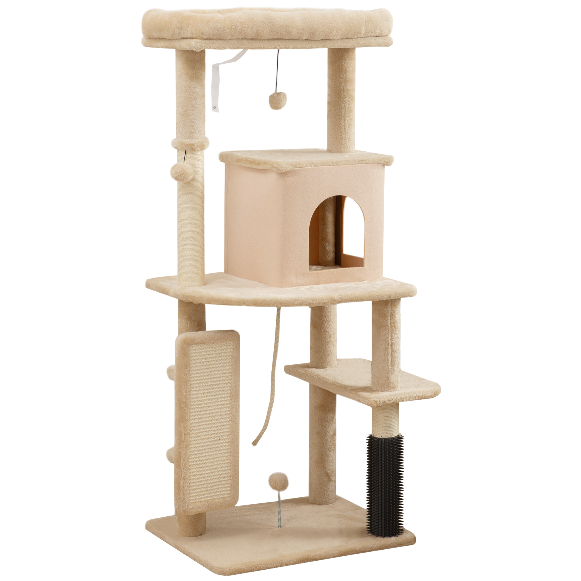 Un albero tiragraffi beige con più livelli, piattaforme e giocattoli.