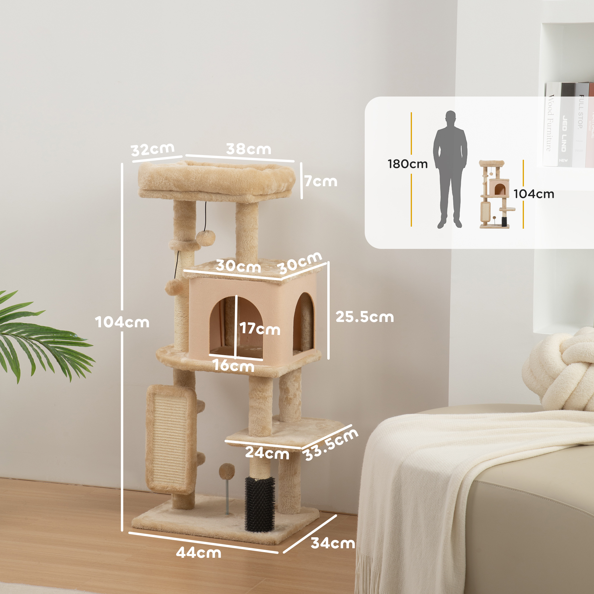 Un tiragraffi beige a più livelli con dimensioni indicate.