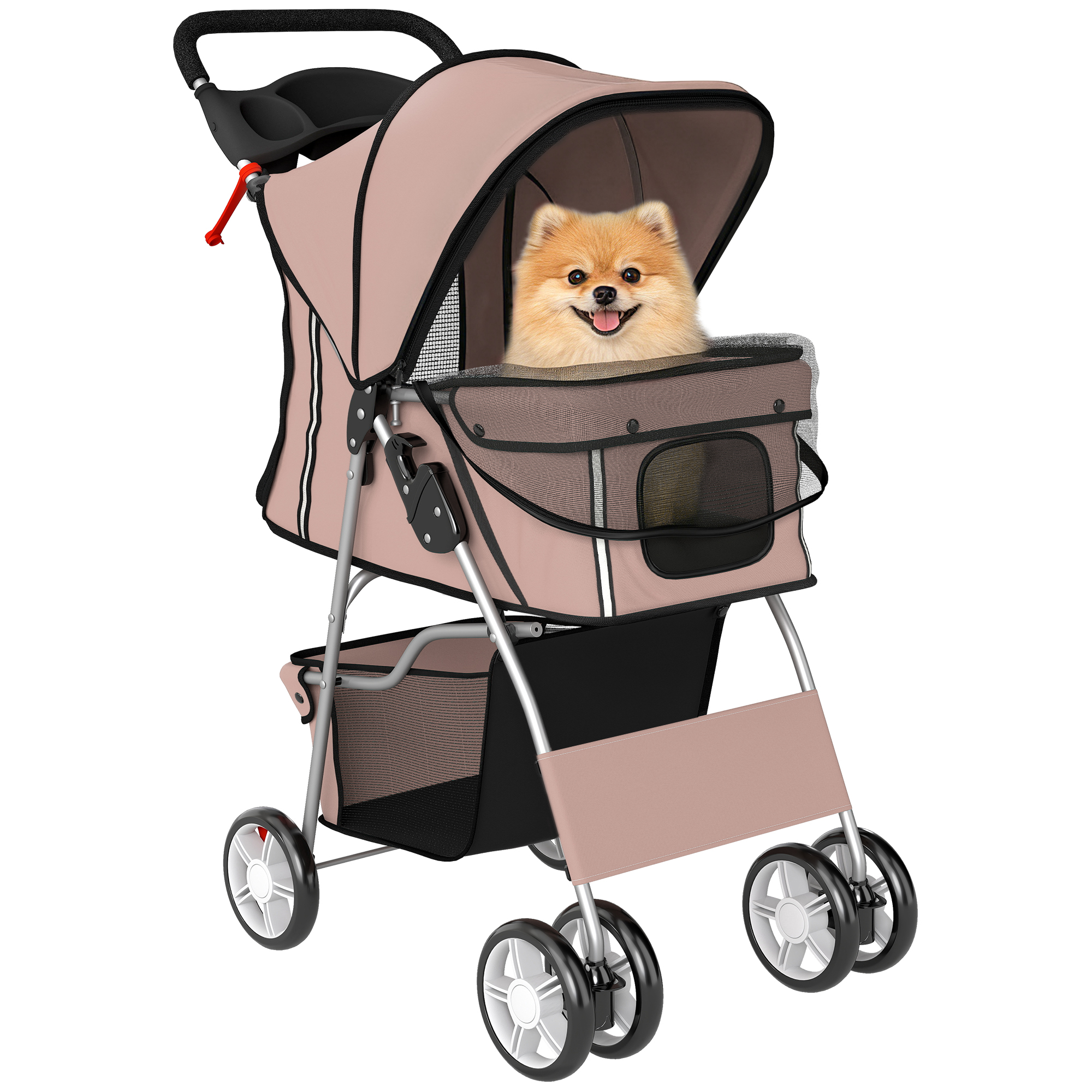 Un Pomerania siede felice in un passeggino per animali rosa.
