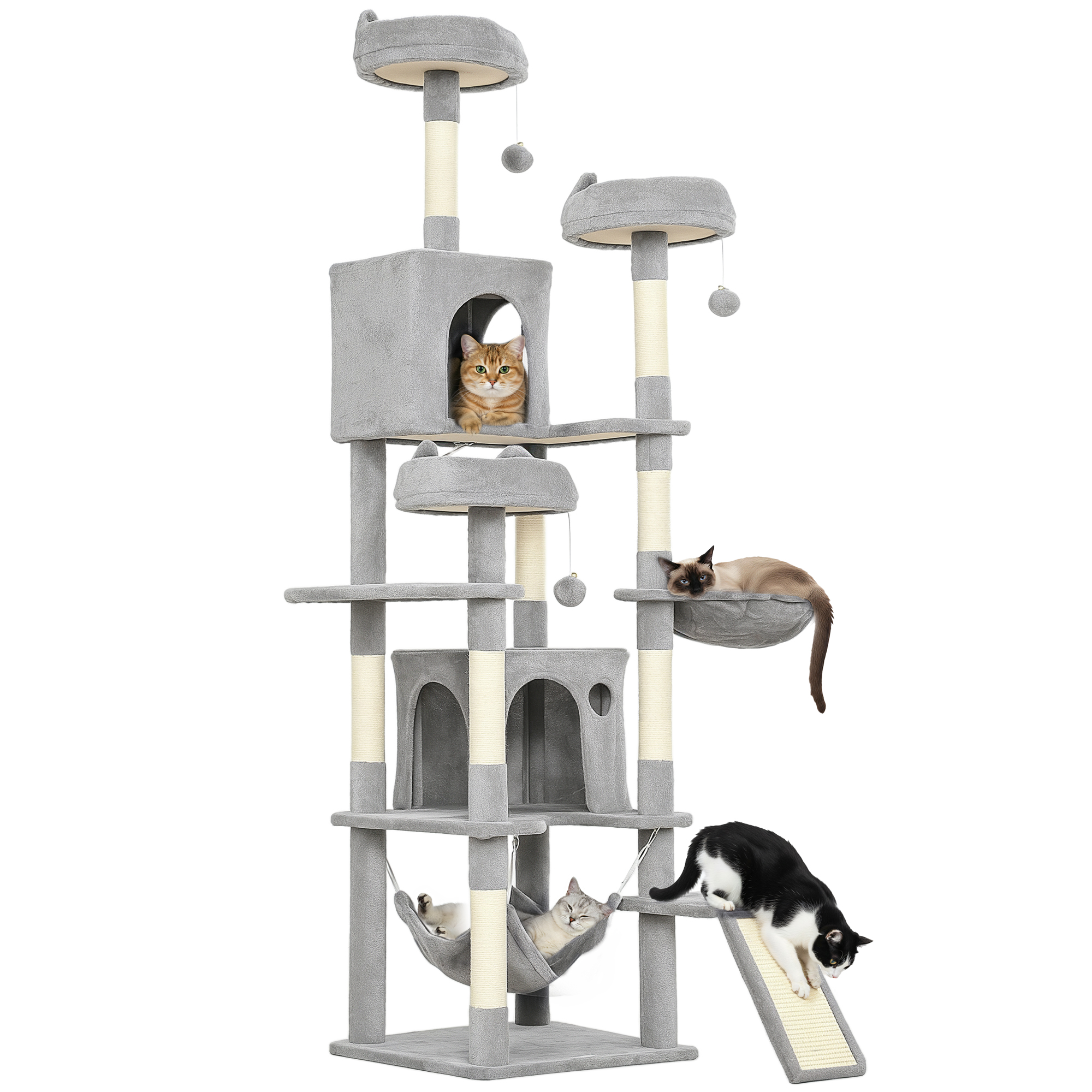 Tiragraffi grigio con quattro gatti: uno arancione, uno siamese, uno bianco e uno bianco e nero.