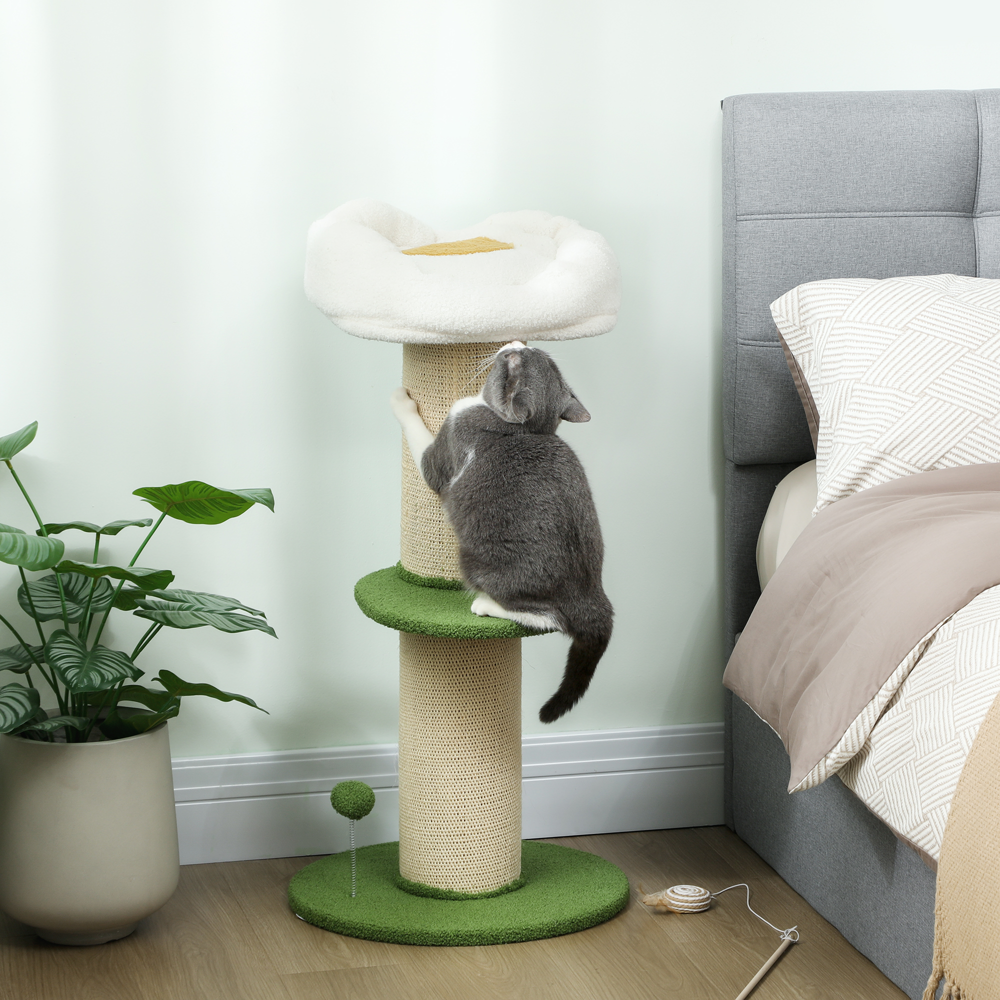 Un gatto grigio si arrampica su un tiragraffi con livelli verdi e un letto bianco.
