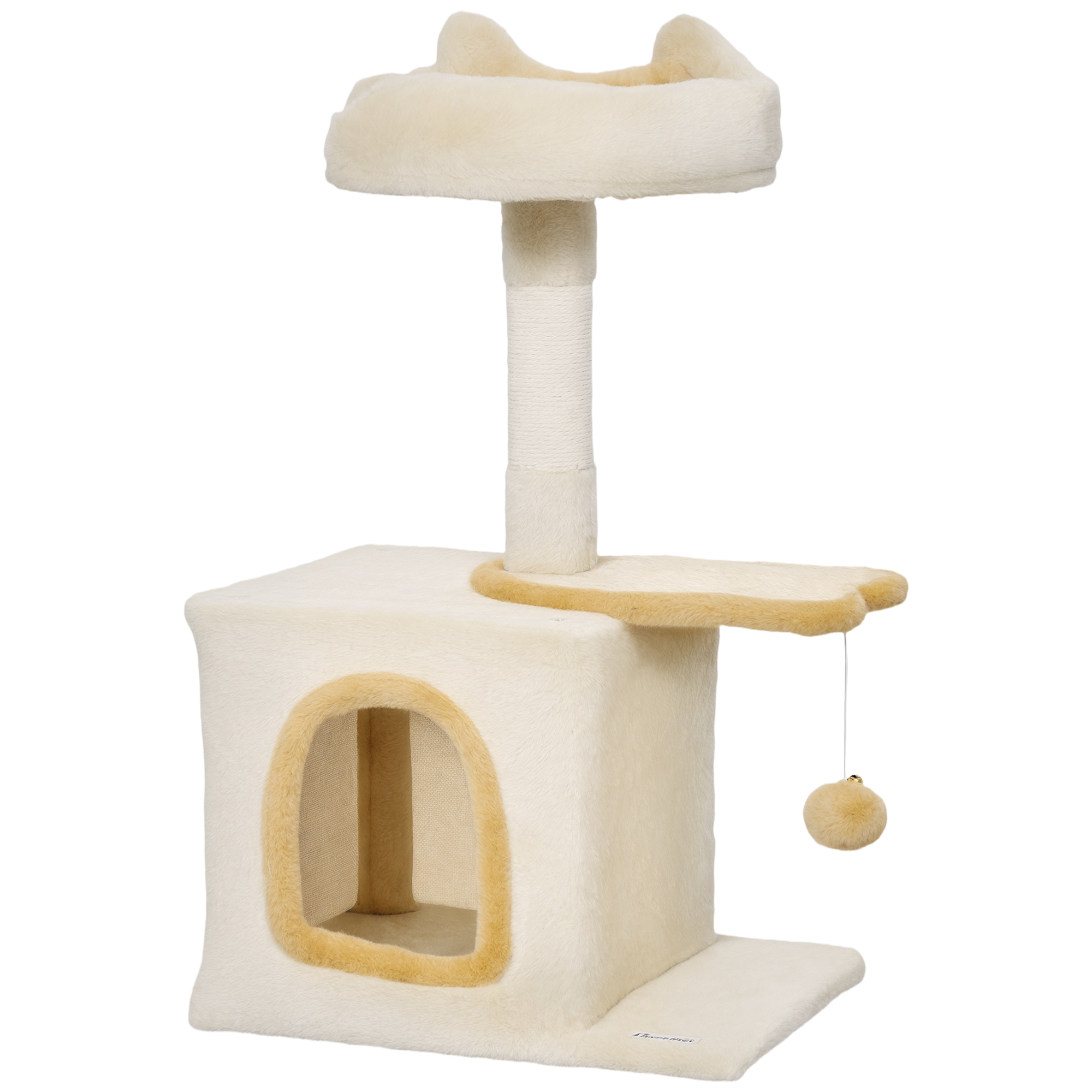 Un tiragraffi beige con cuccia, piattaforma, pallina giocattolo e design a orecchie di gatto.