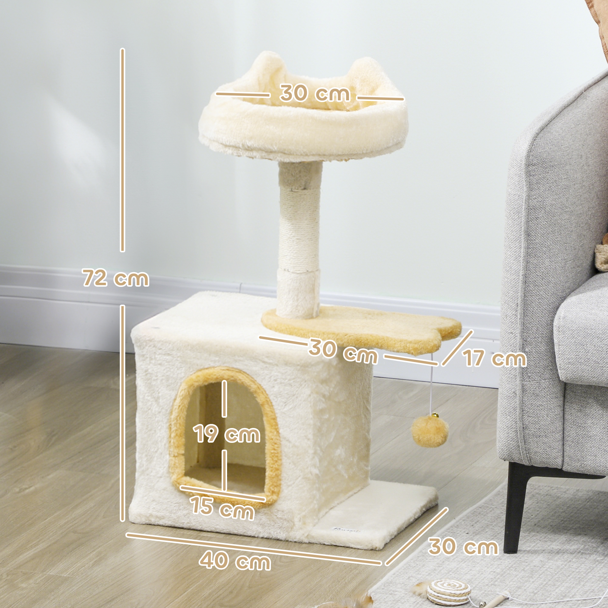 Albero tiragraffi beige con cuccia, posatoio e gioco. Dimensioni indicate.