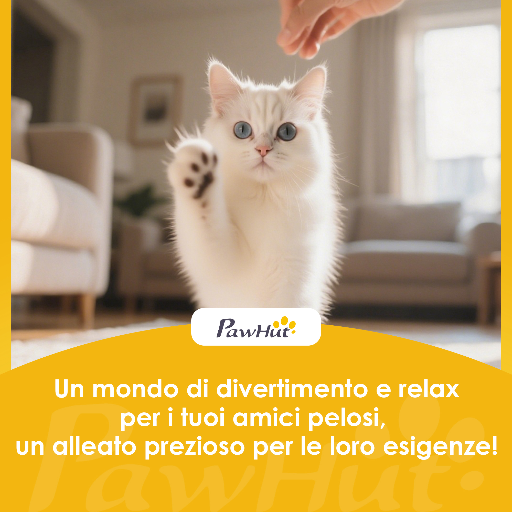 Un gatto bianco con occhi blu alza la zampa in un soggiorno.