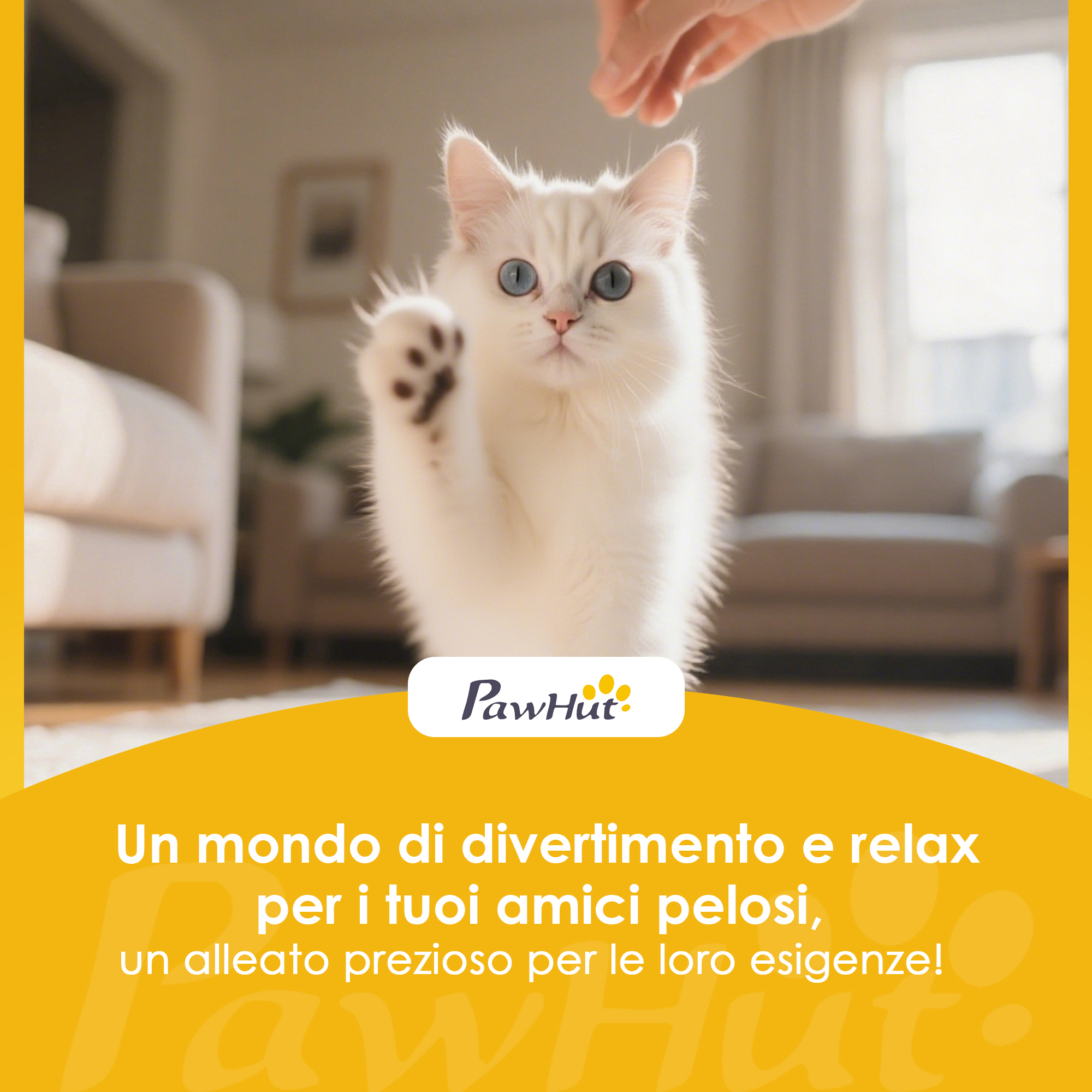 Un gatto bianco con occhi blu solleva la zampa mentre una mano si avvicina per accarezzarlo.