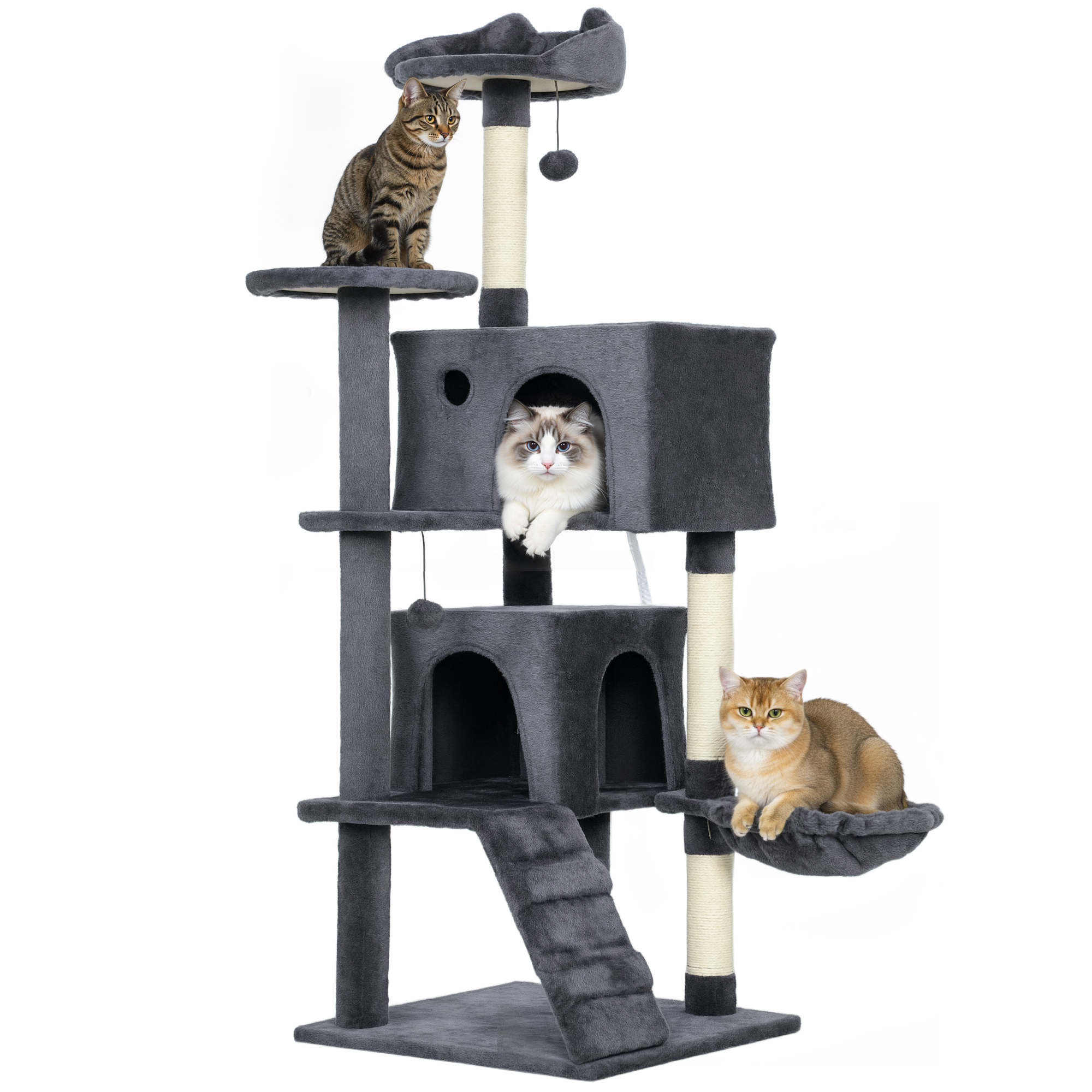 Tre gatti su un tiragraffi grigio a più livelli con posatoi e amache.