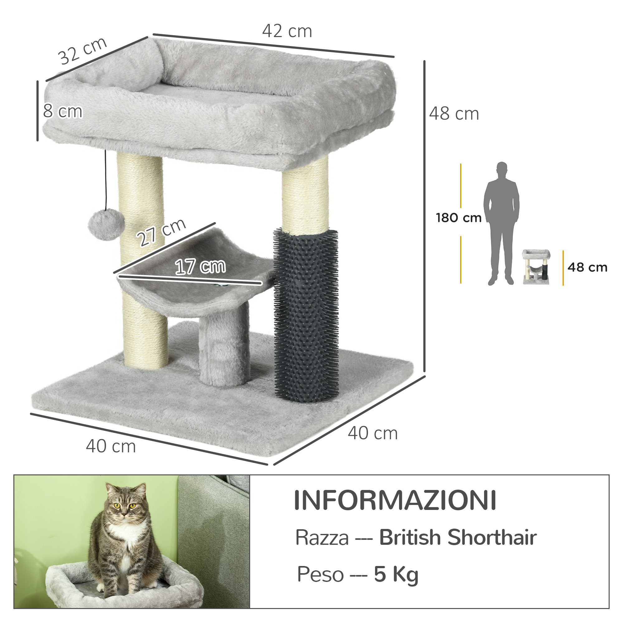 Tiragraffi grigio per gatti con piattaforme, tiragraffi e giocattolo. Misure.