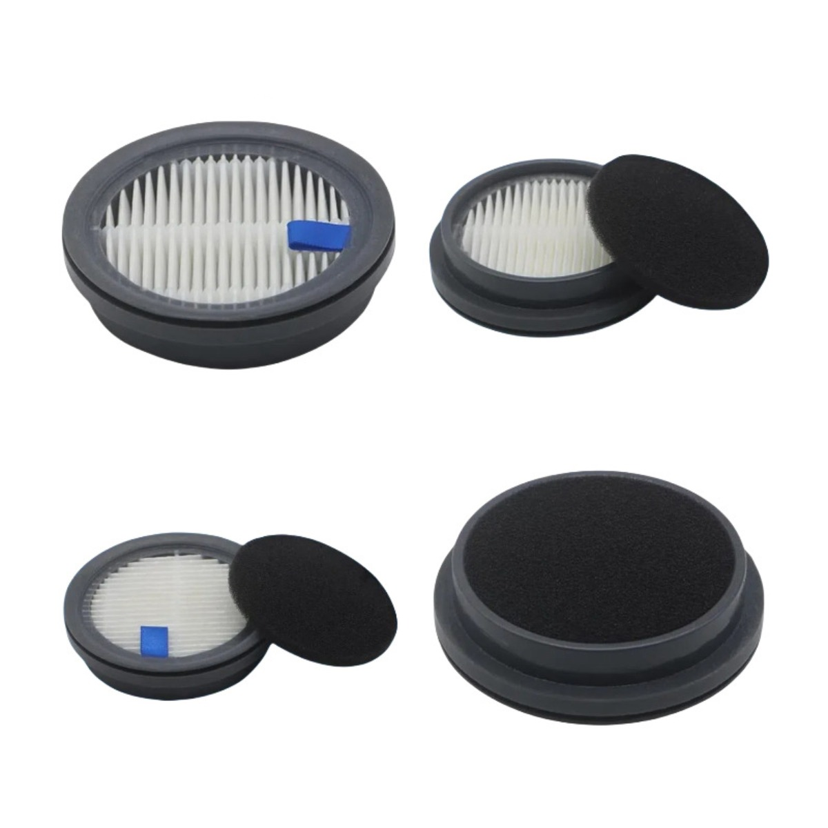 Quattro viste di filtri per aspirapolvere plissettati con coperture in schiuma nera.