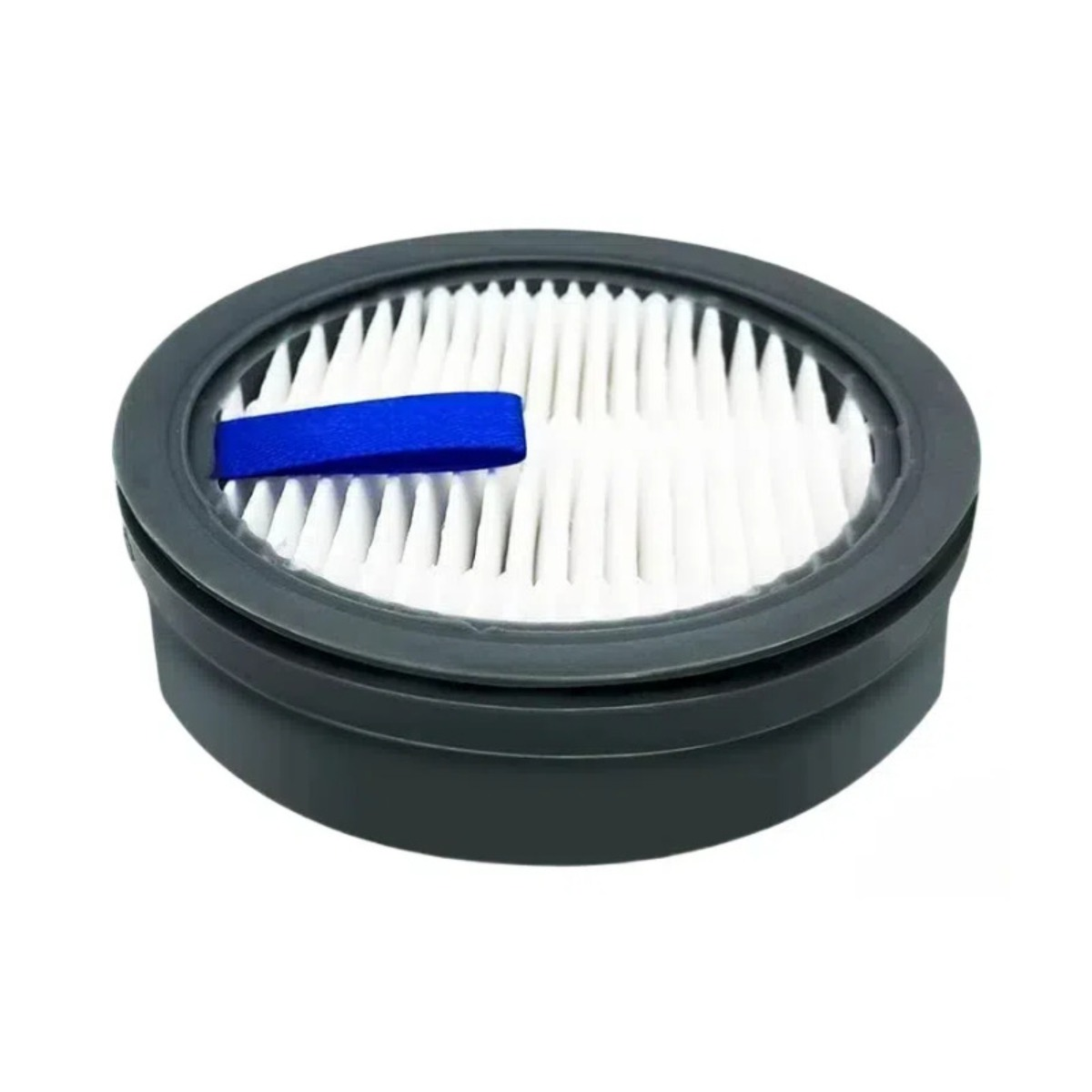 Un filtro rotondo grigio per aspirapolvere con filtro plissettato bianco e linguetta blu.