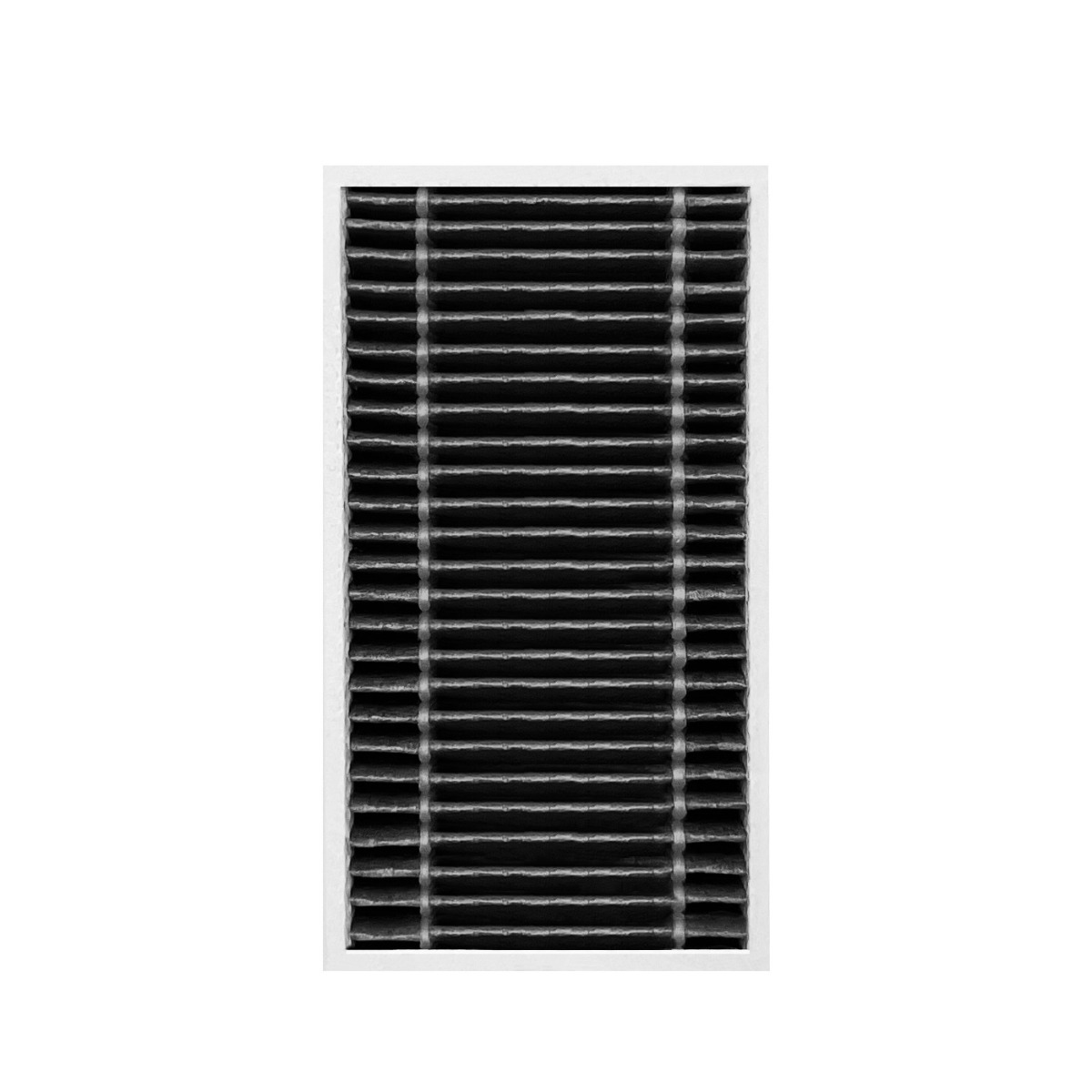 Primo piano di un filtro dell'aria nero con pieghe orizzontali e cornice bianca.