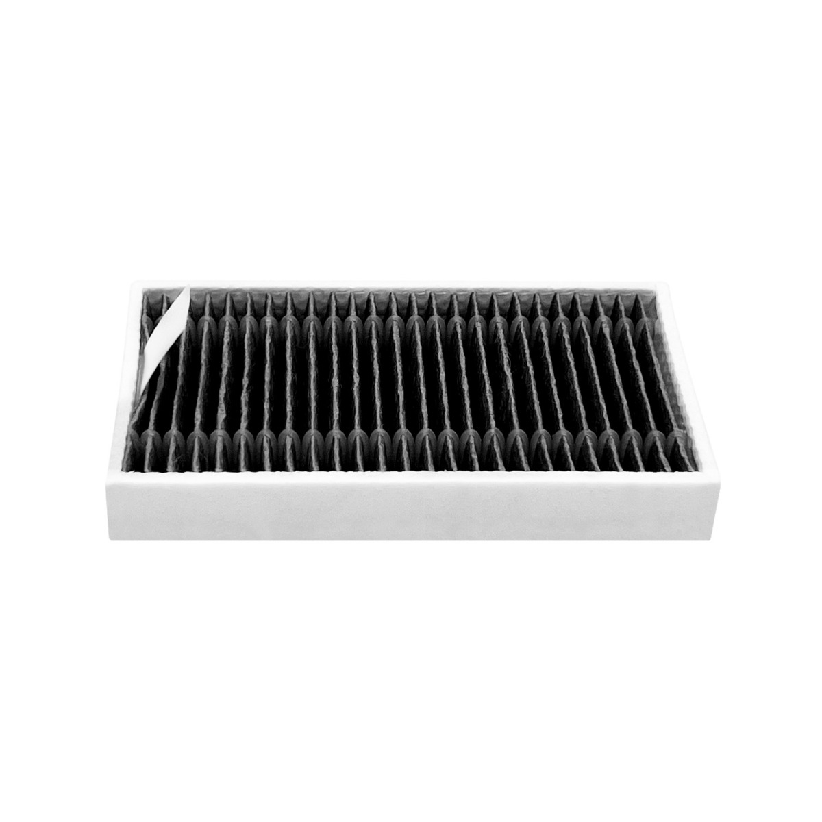 Un filtro abitacolo auto rettangolare con filtro a pieghe nere e telaio bianco.
