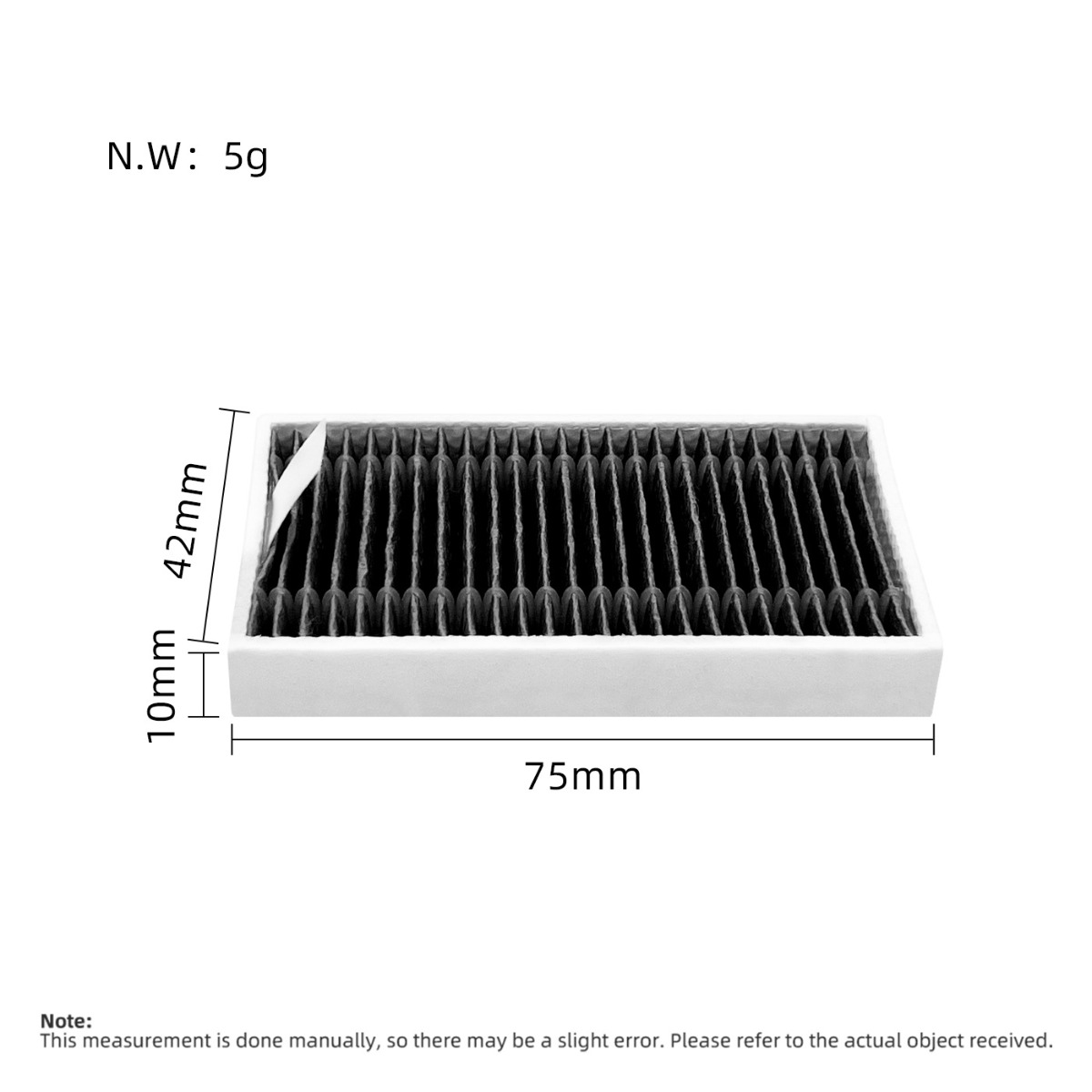 Un filtro bianco con pieghe nere, dimensioni 75x42x10mm.