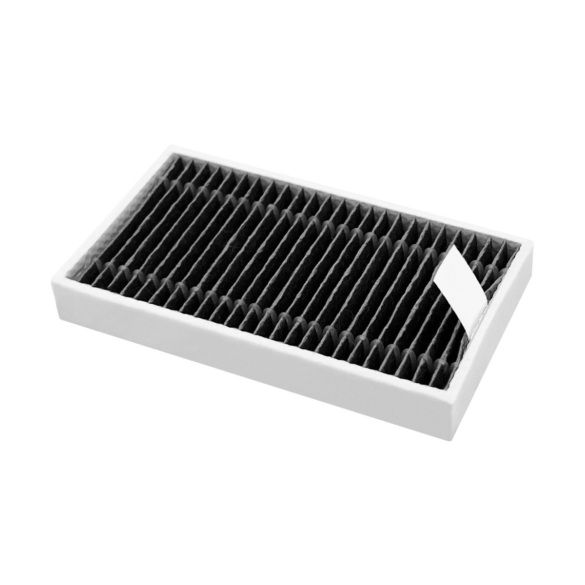Un filtro dell'aria rettangolare con cornice bianca e lamelle nere.