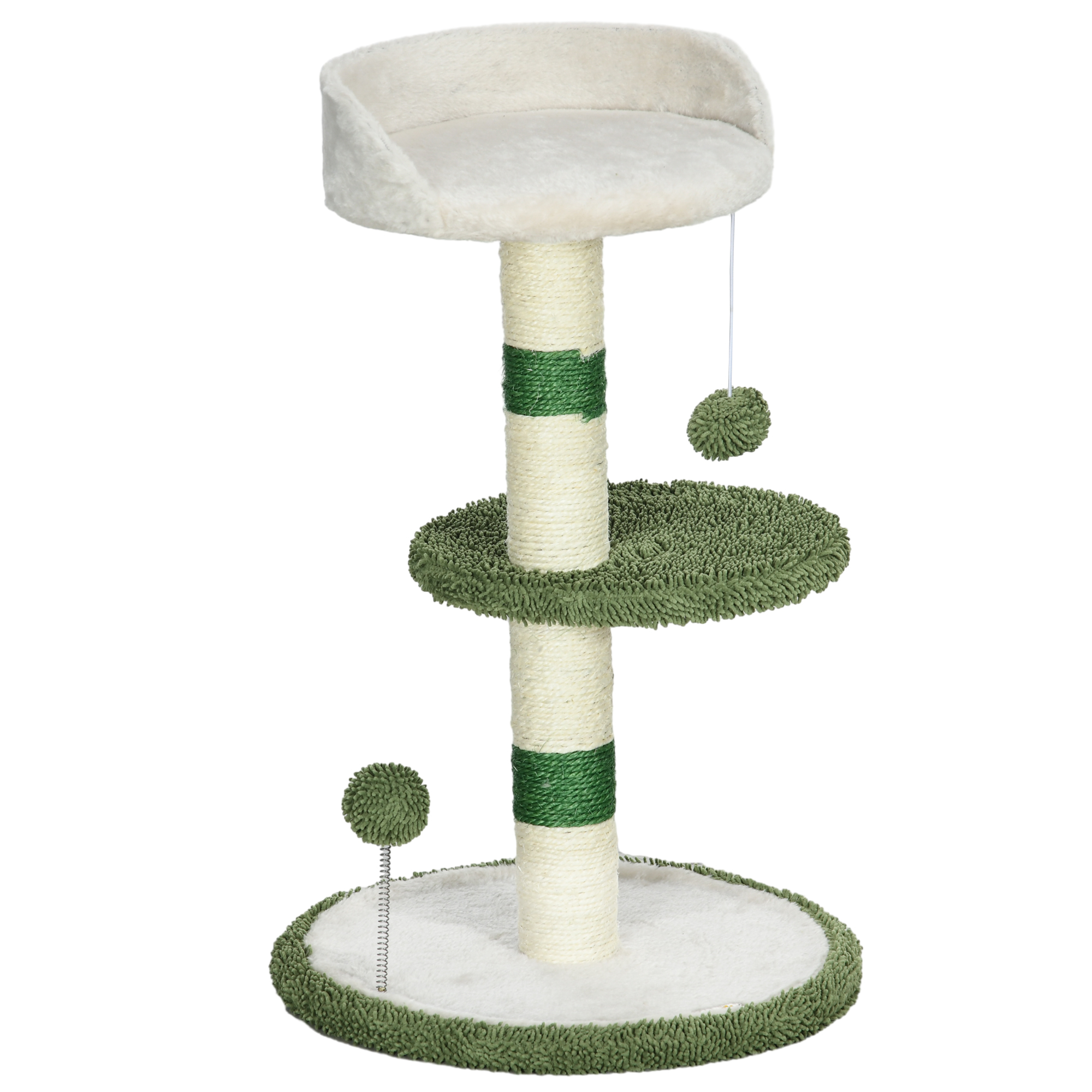 Tiragraffi a più livelli con rivestimento bianco e verde e giocattoli.