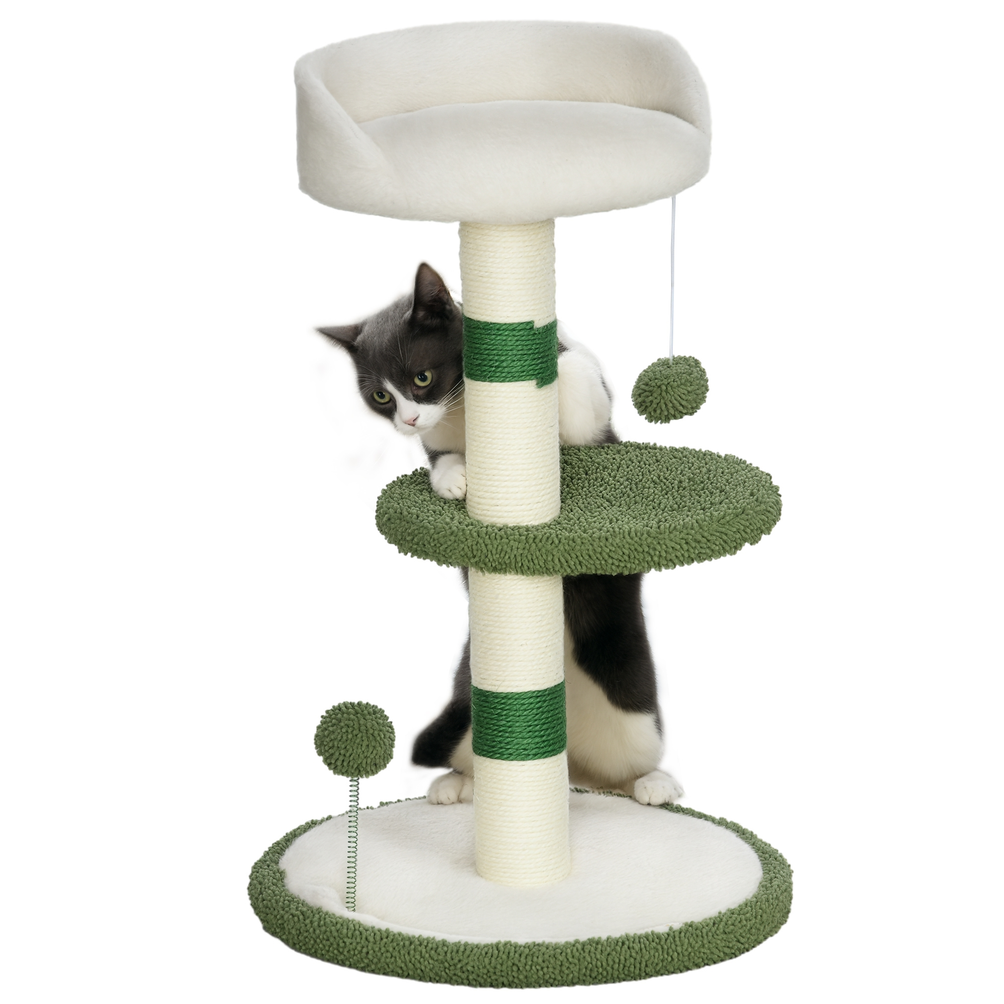 Un gatto che sbircia da dietro un tiragraffi bianco e verde con pali.