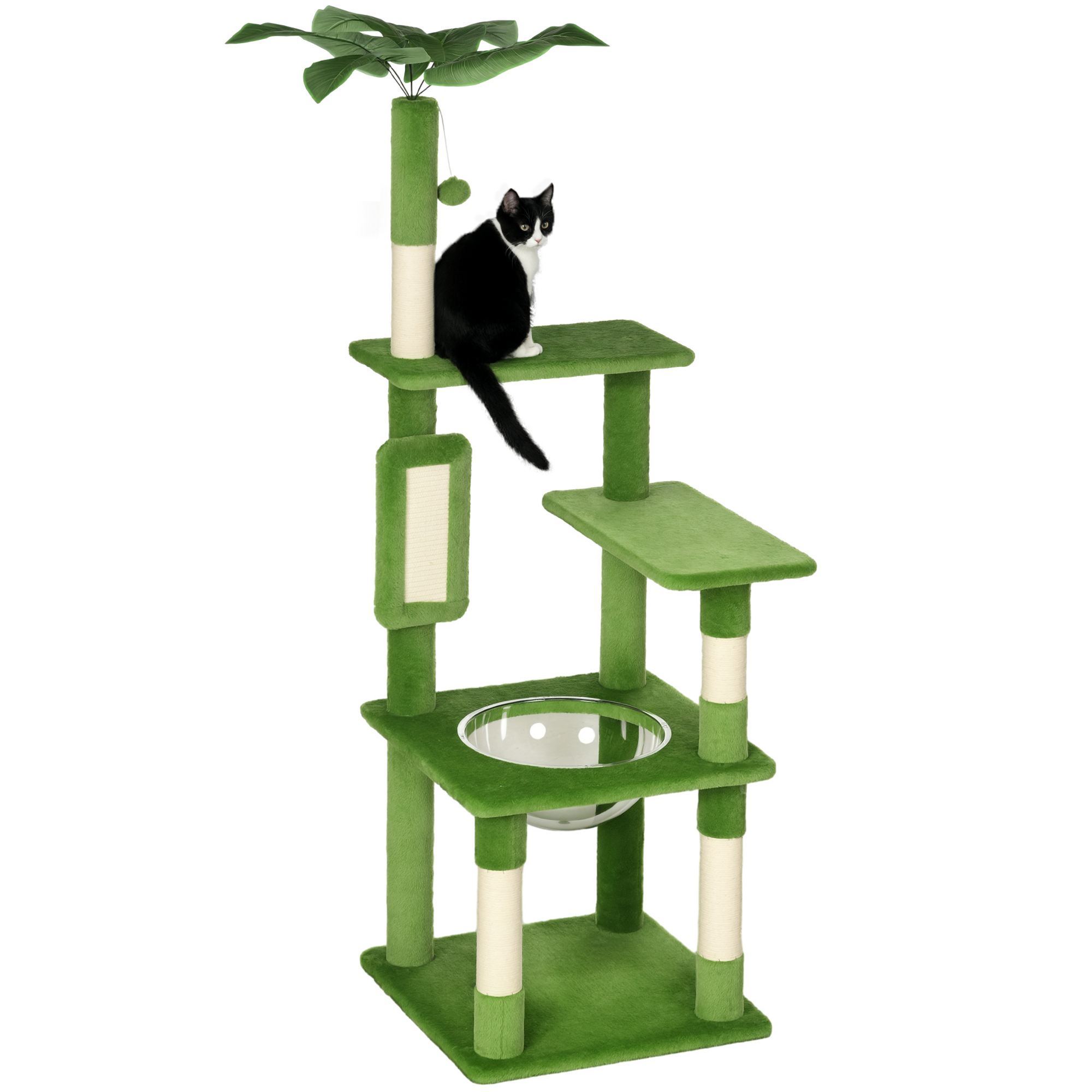Un gatto bianco e nero seduto su un albero tiragraffi verde a più livelli.