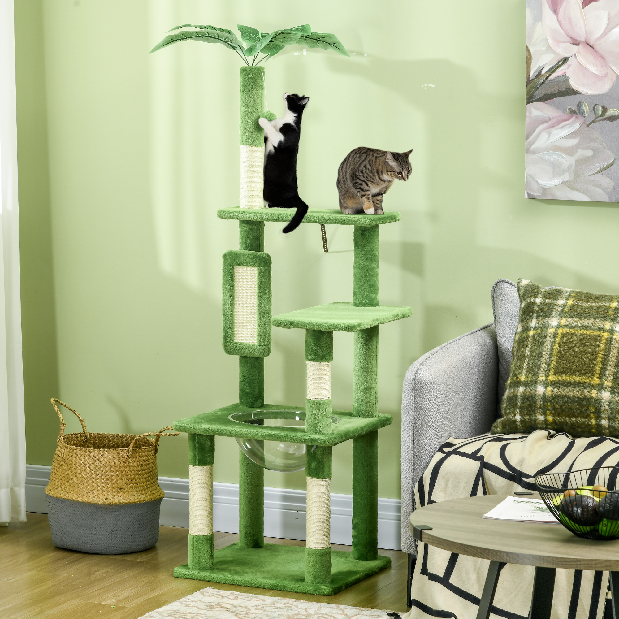 Due gatti su un tiragraffi verde. Un gatto bianco e nero si arrampica, uno tigrato siede.