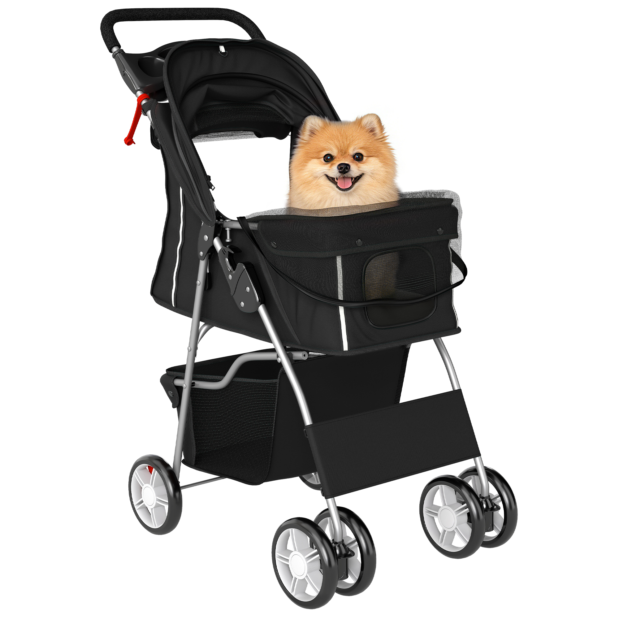 Un Pomerania siede in un passeggino nero per animali con accenti bianchi.