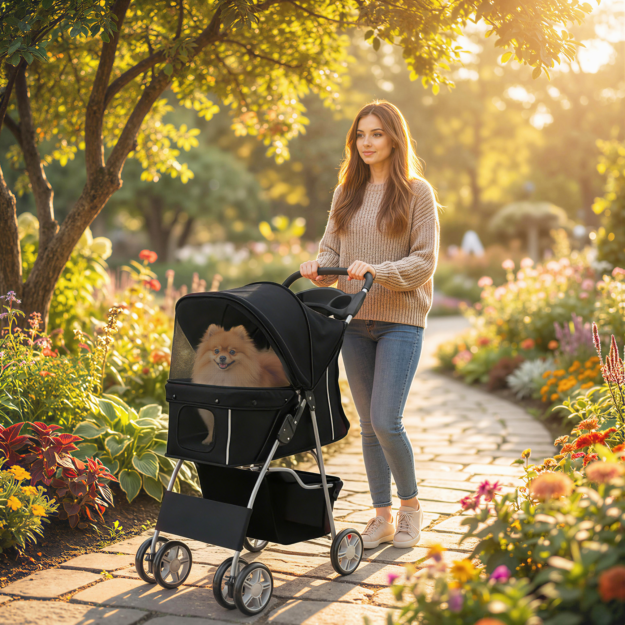 Mujer empuja perro en cochecito por sendero soleado en parque con flores.